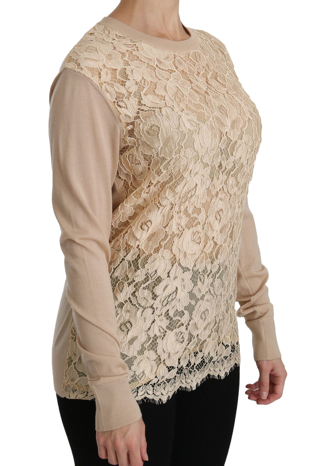 Beige Spitzen-Langarm-Top Kaschmirbluse