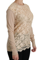 Beige Spitzen-Langarm-Top Kaschmirbluse