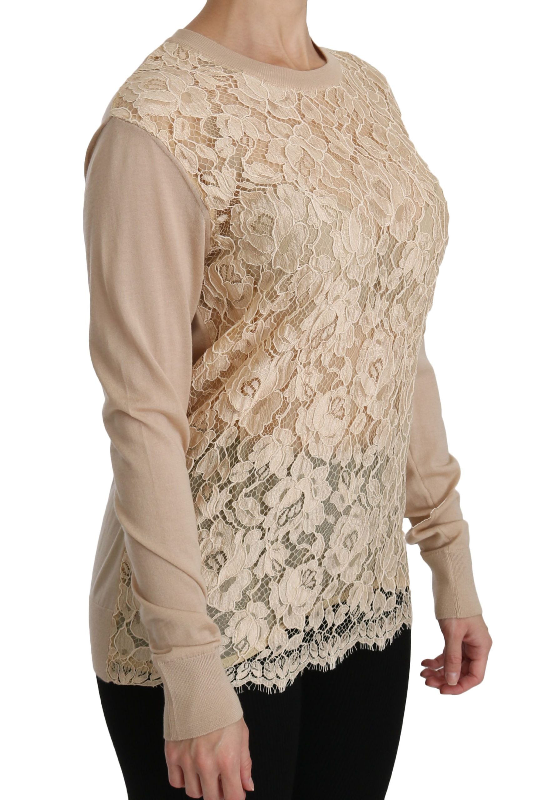 Beige Spitzen-Langarm-Top Kaschmirbluse
