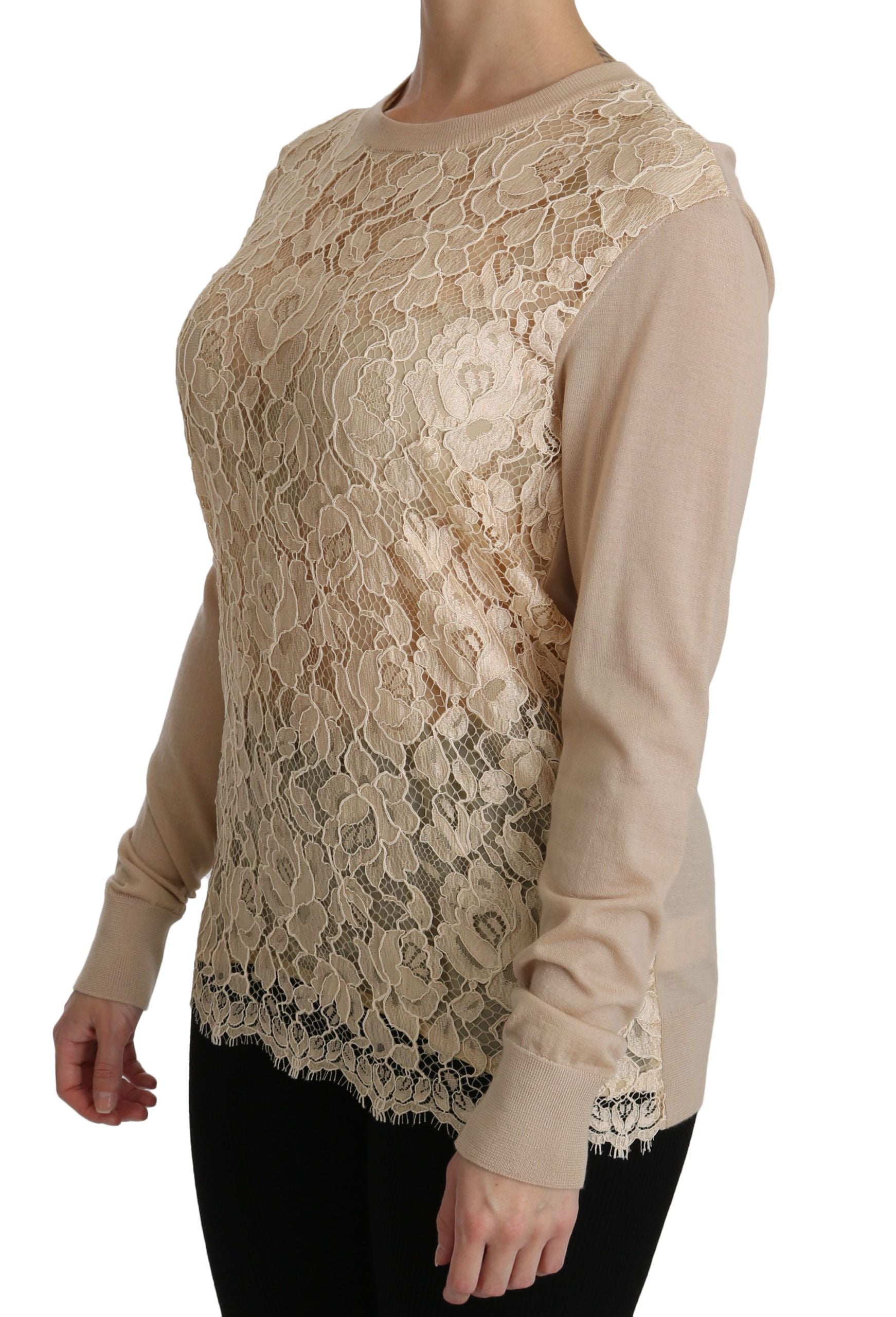 Beige Spitzen-Langarm-Top Kaschmirbluse