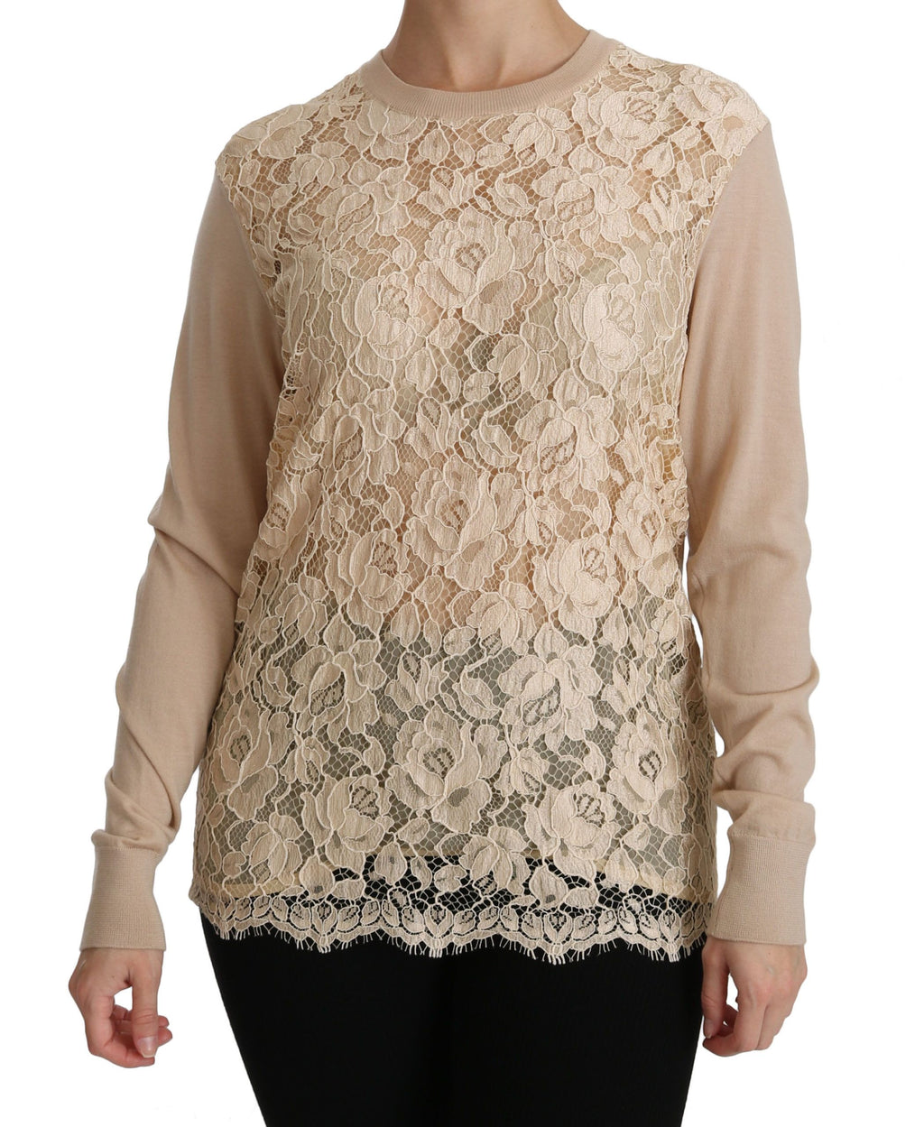 Beige Spitzen-Langarm-Top Kaschmirbluse