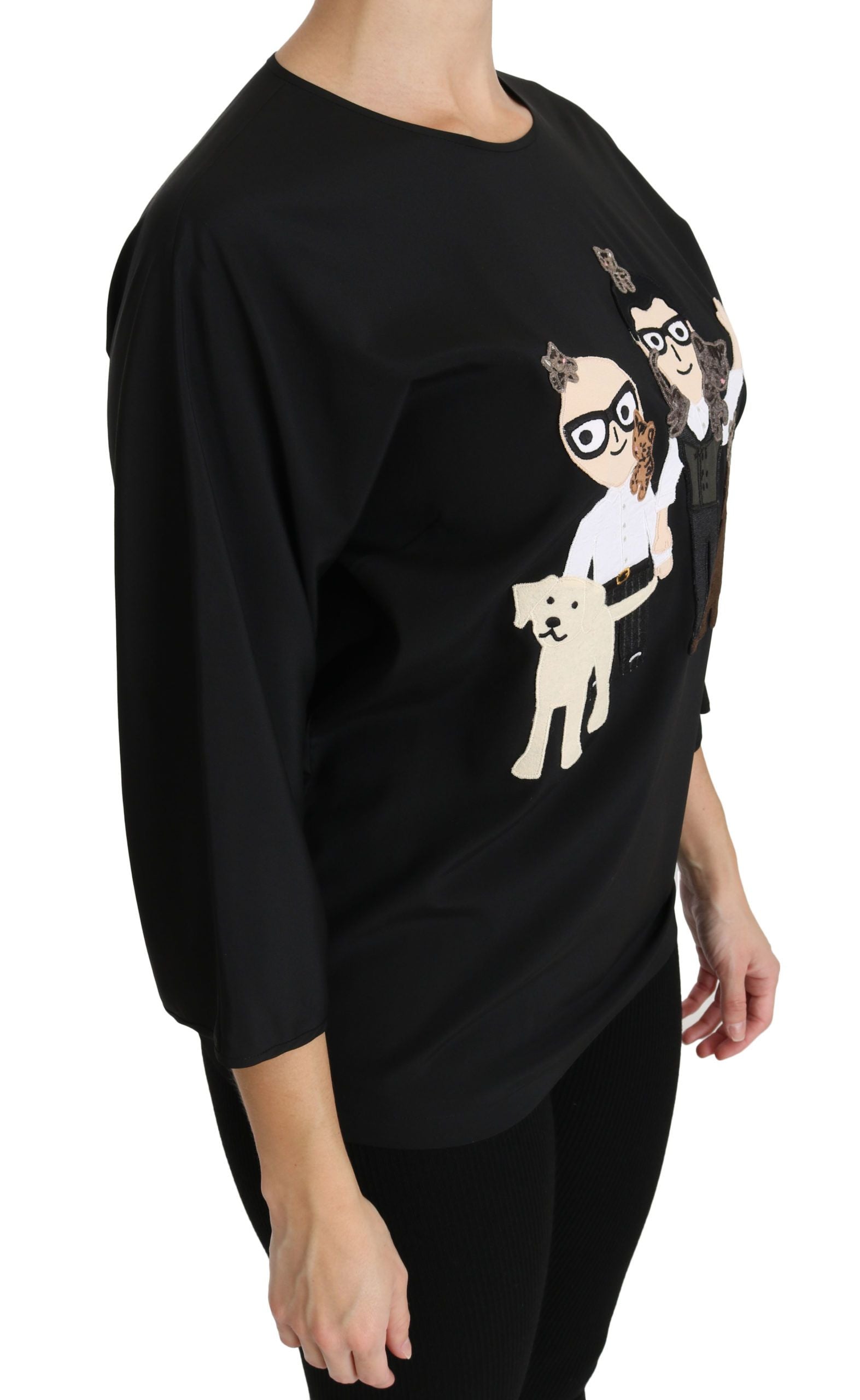Schwarzes #dgfamily Top T-Shirt Seidenbluse
