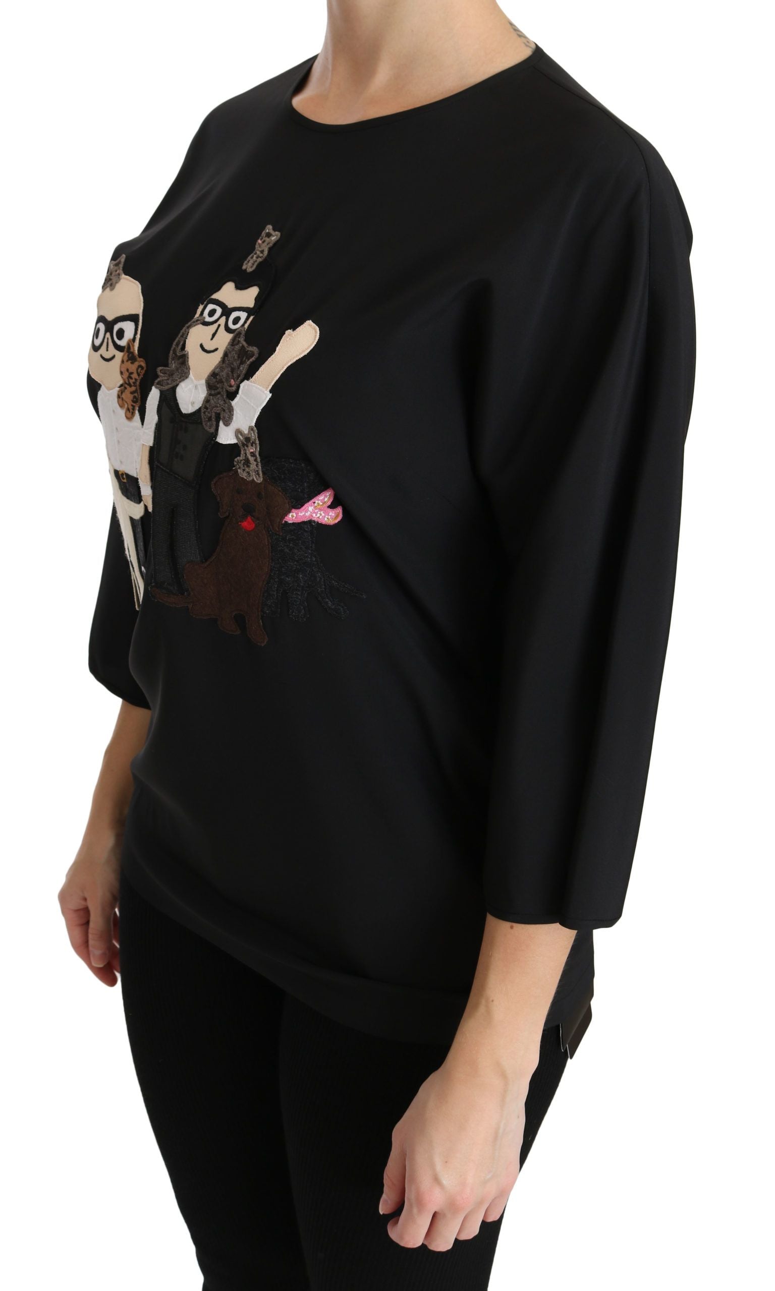 Schwarzes #dgfamily Top T-Shirt Seidenbluse