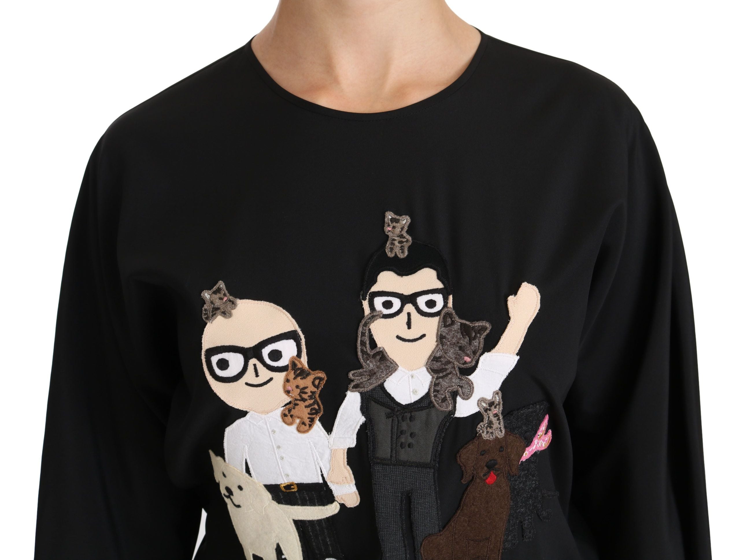 Schwarzes #dgfamily Top T-Shirt Seidenbluse