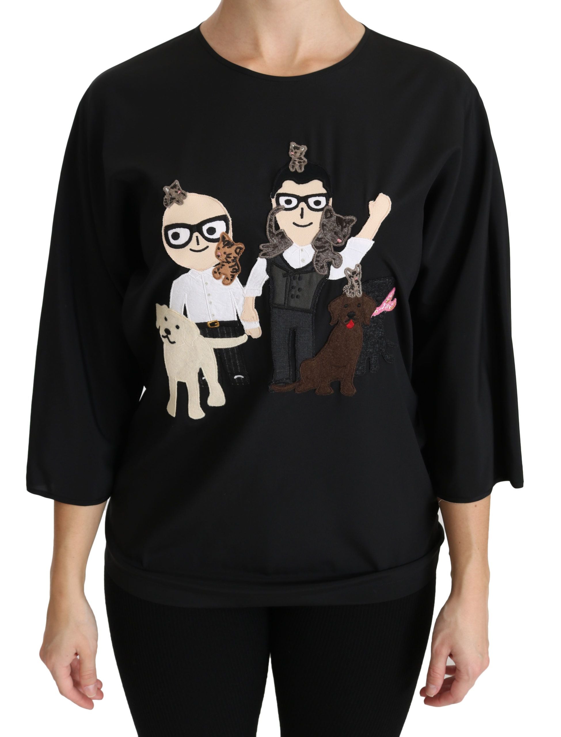 Schwarzes #dgfamily Top T-Shirt Seidenbluse