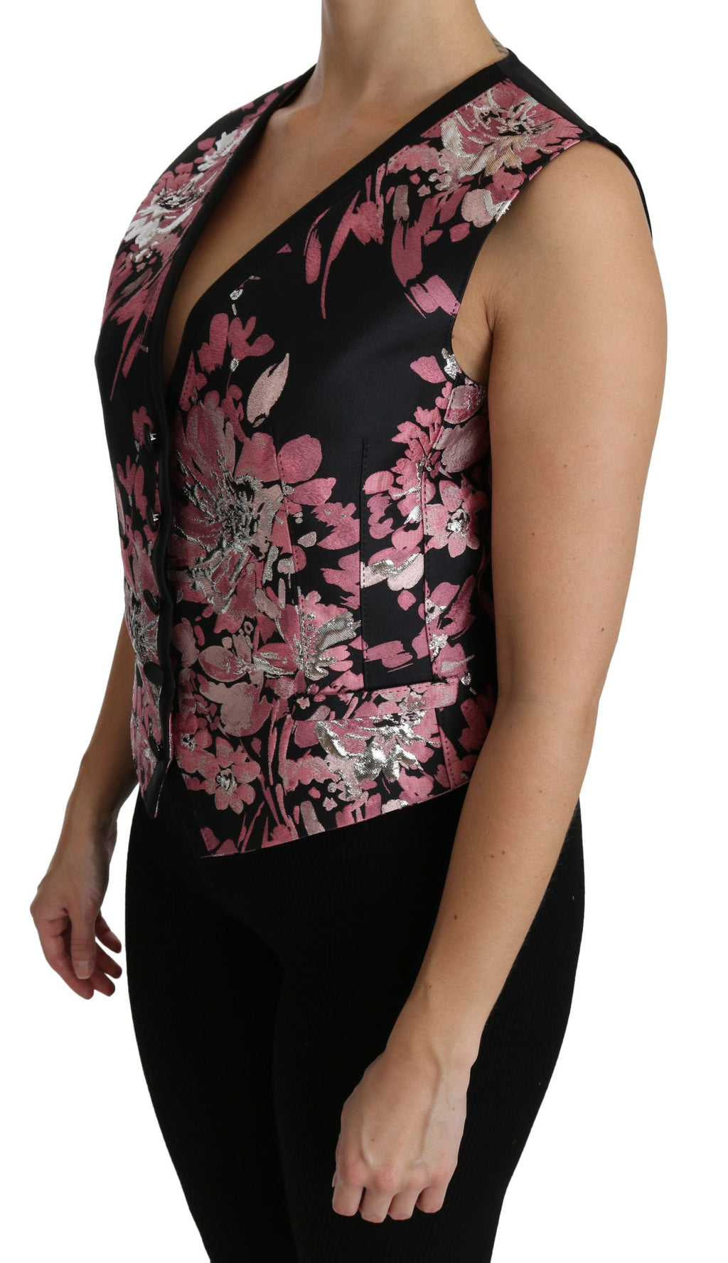 Schwarz Pink Geblümte Weste Bluse Oberteil