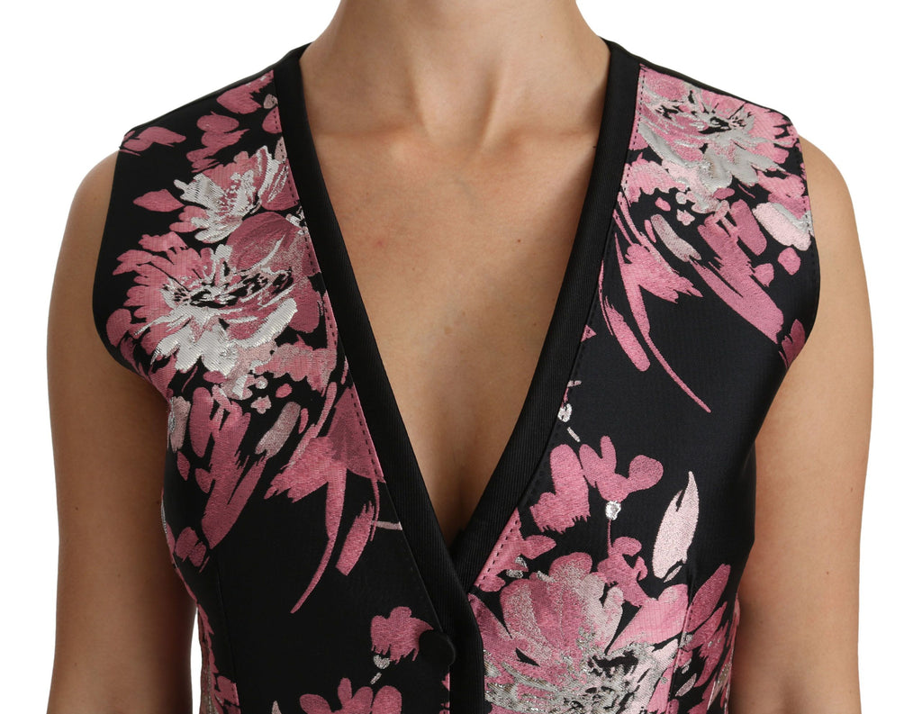Schwarz Pink Geblümte Weste Bluse Oberteil
