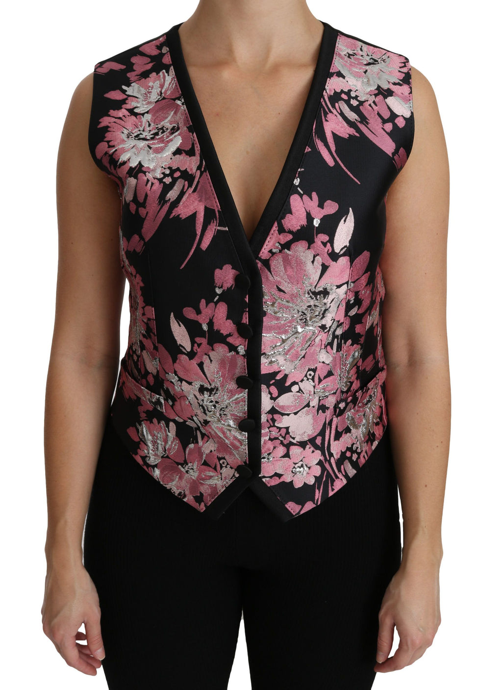 Schwarz Pink Geblümte Weste Bluse Oberteil