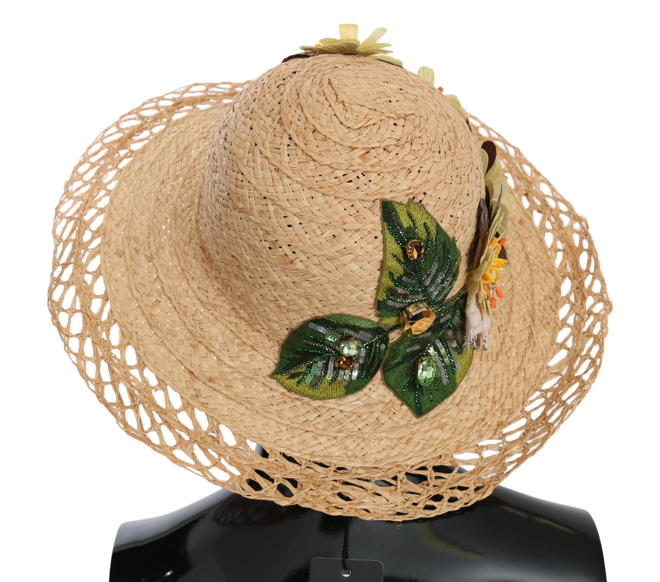Beige breiter Krempen-Fischerhut mit Blumenmuster