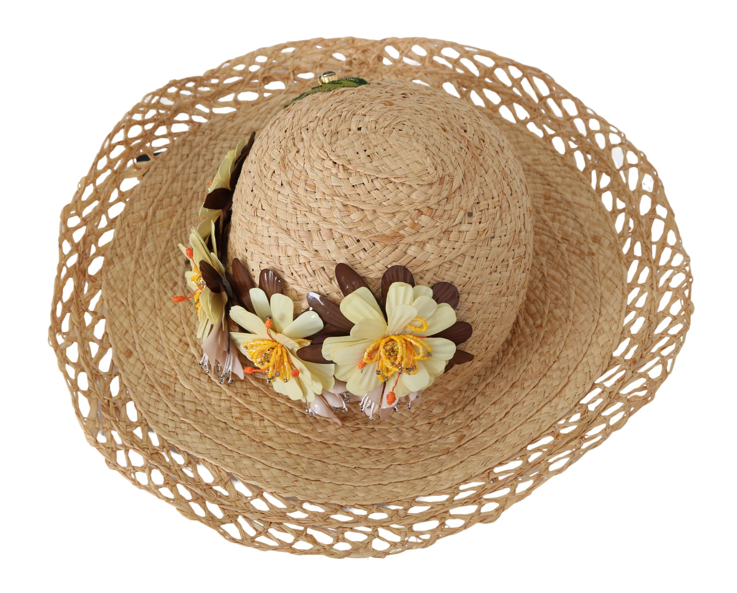 Beige breiter Krempen-Fischerhut mit Blumenmuster