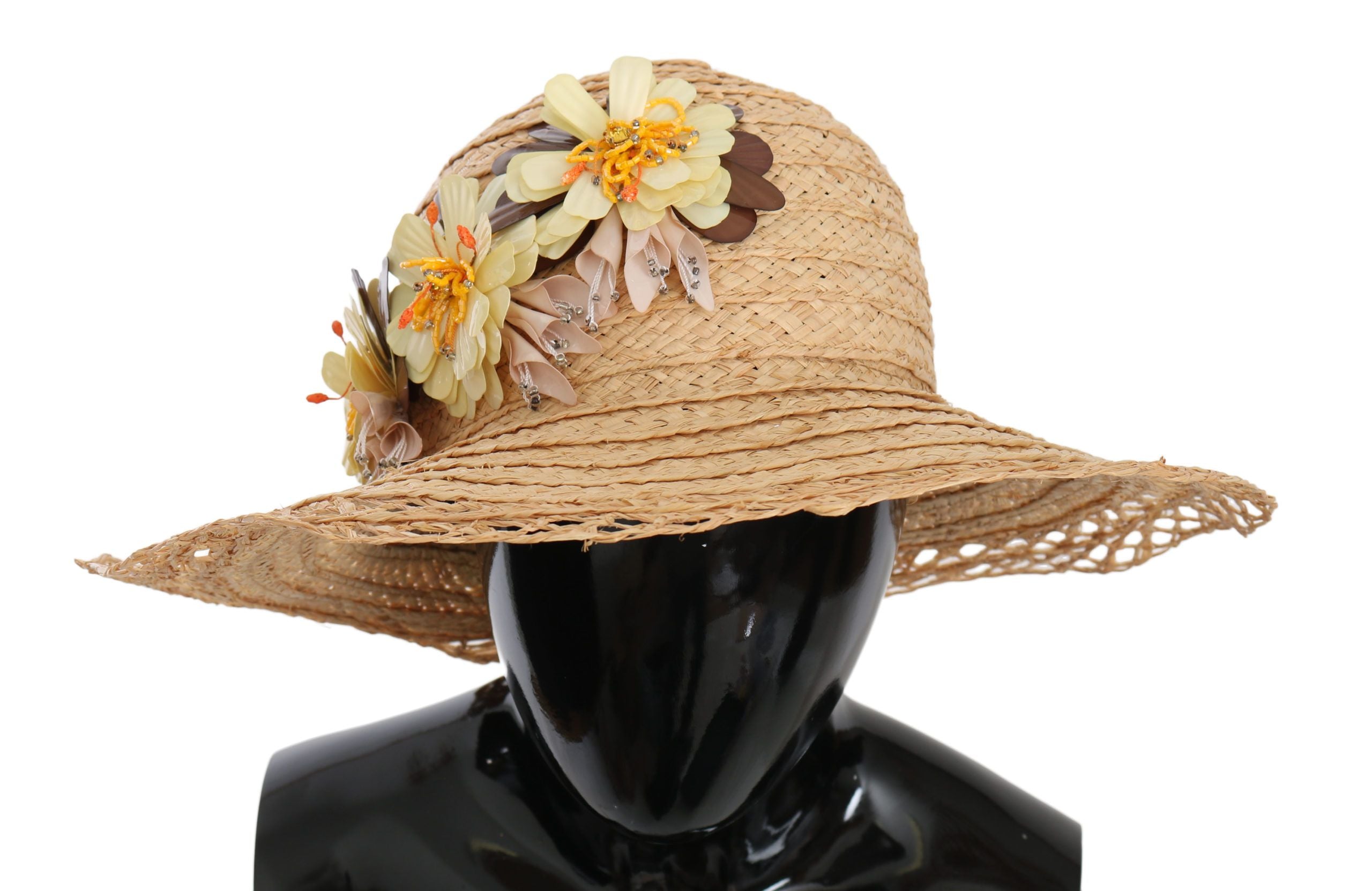 Beige breiter Krempen-Fischerhut mit Blumenmuster