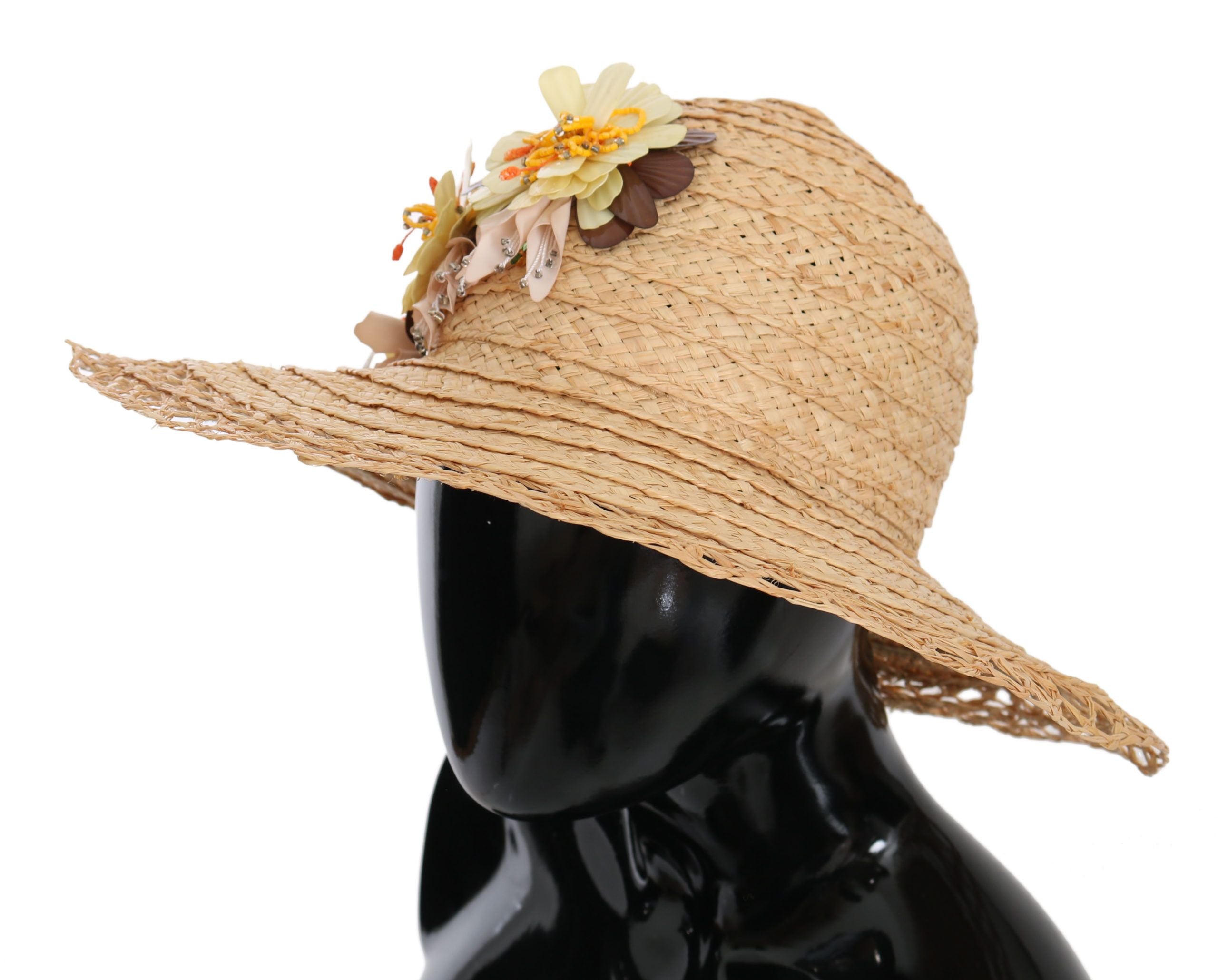 Beige breiter Krempen-Fischerhut mit Blumenmuster