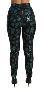 Blue Green Floral Metallic Slim Pants