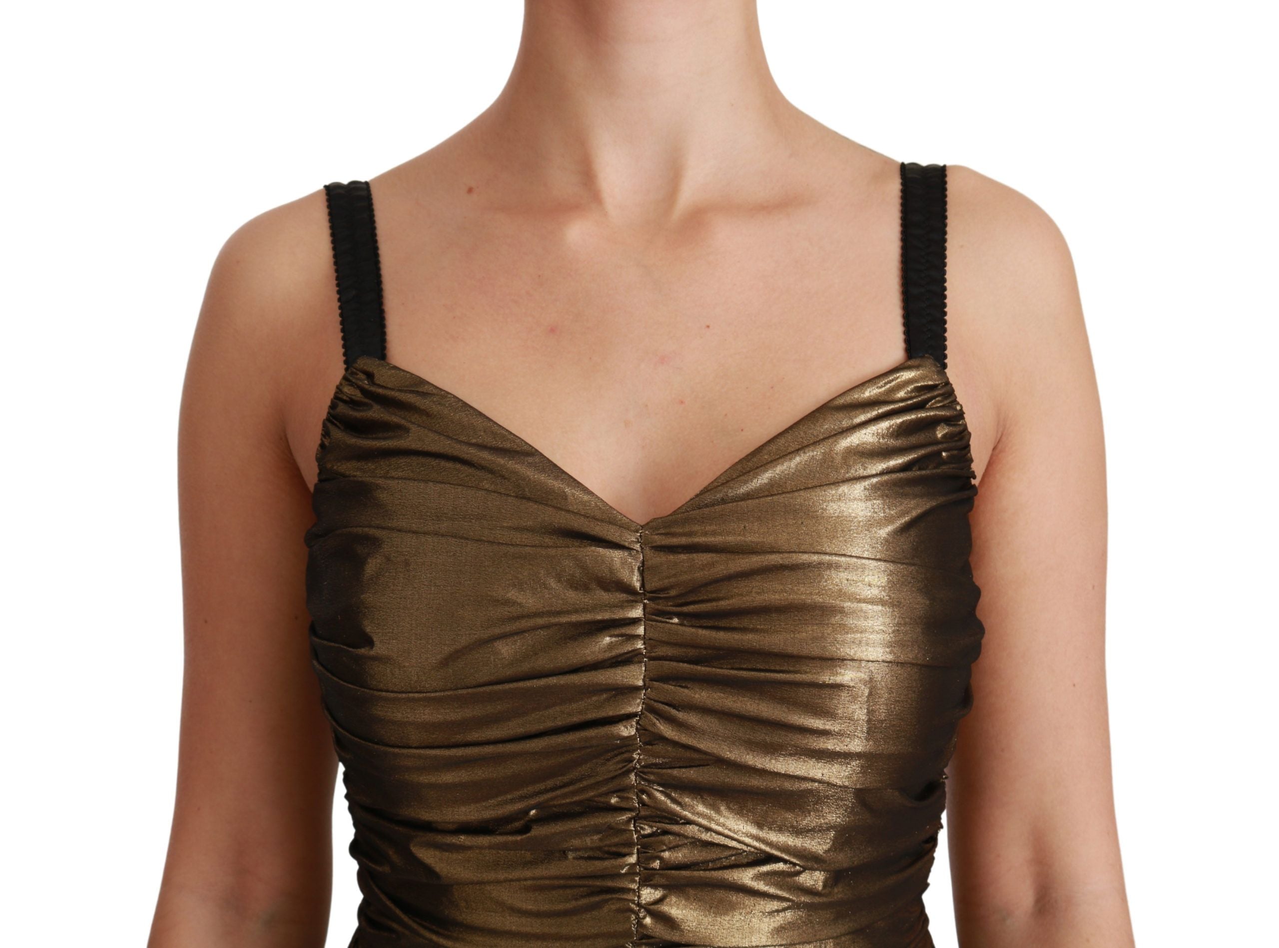 Goldenes Metallic Stretch Bodycon Kleid mit Raffung