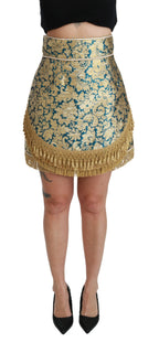 Blauer Jacquard-High-Waist-Rock mit goldenen Quasten