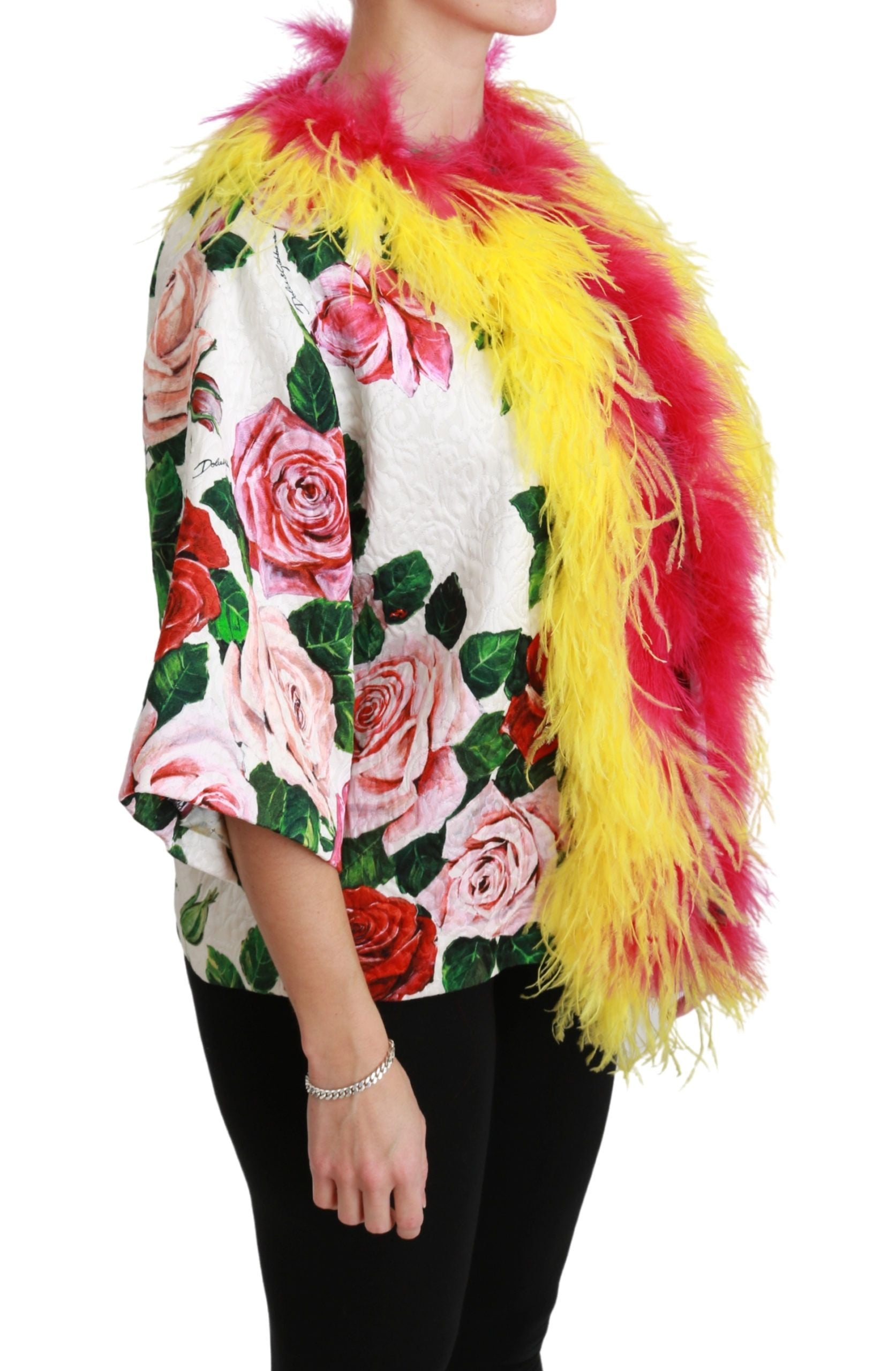 Weiße floraler Mantel Capte Pelz Rosen Jacke