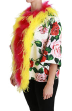 Weiße floraler Mantel Capte Pelz Rosen Jacke
