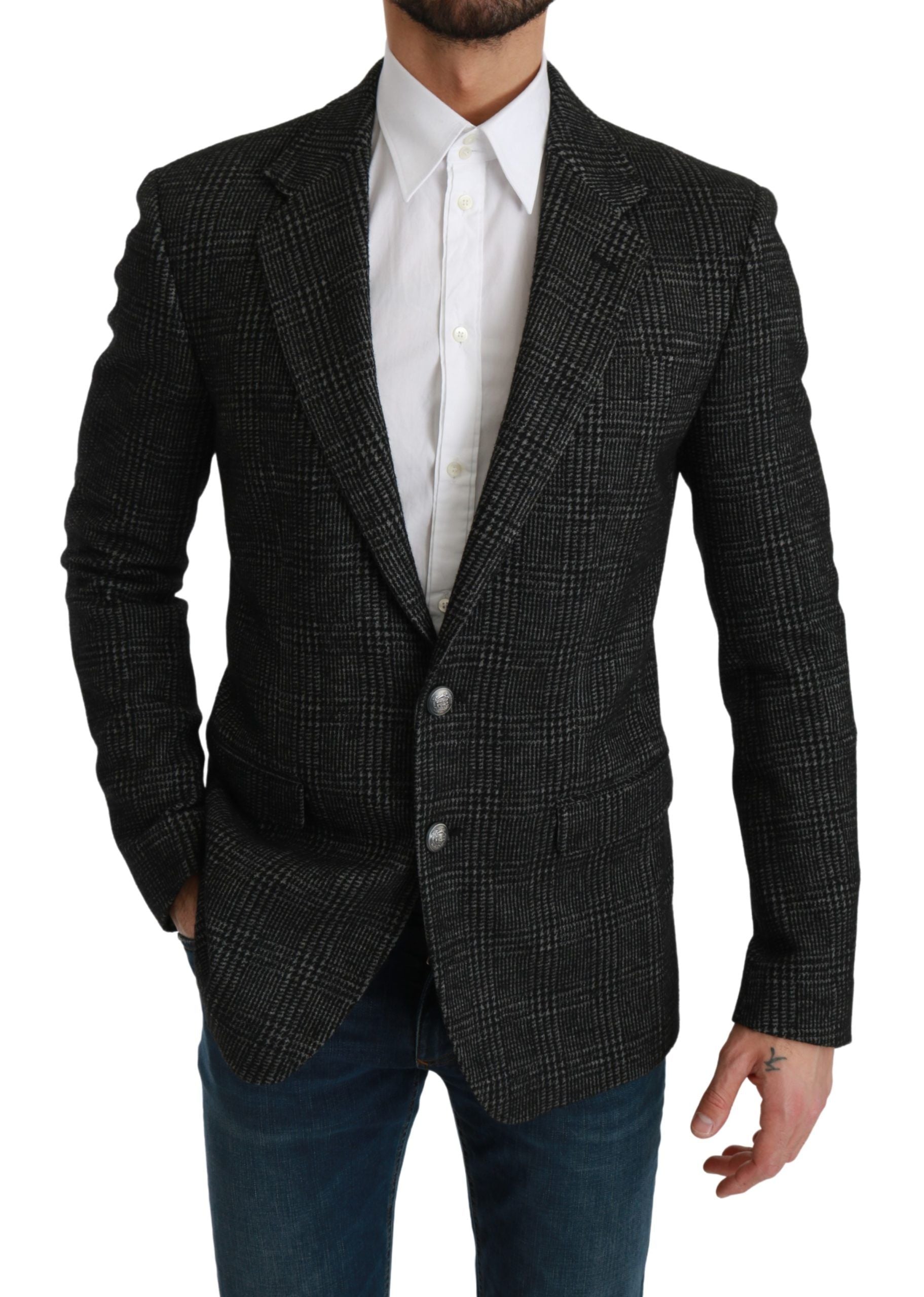 Graues kariertes Sakko im Slim-Fit-Schnitt