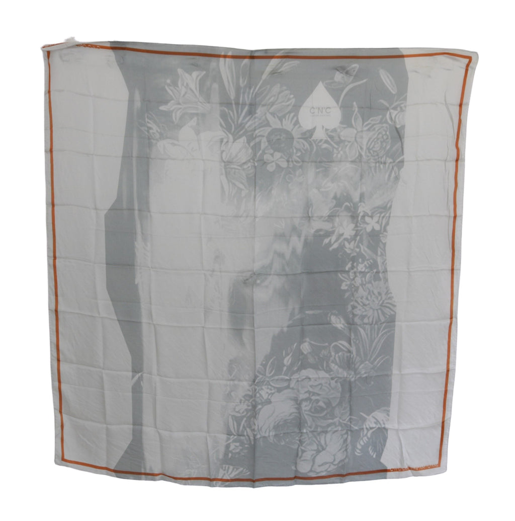 Grau Orange Seiden Foulard Wickelschal mit Blumenmuster