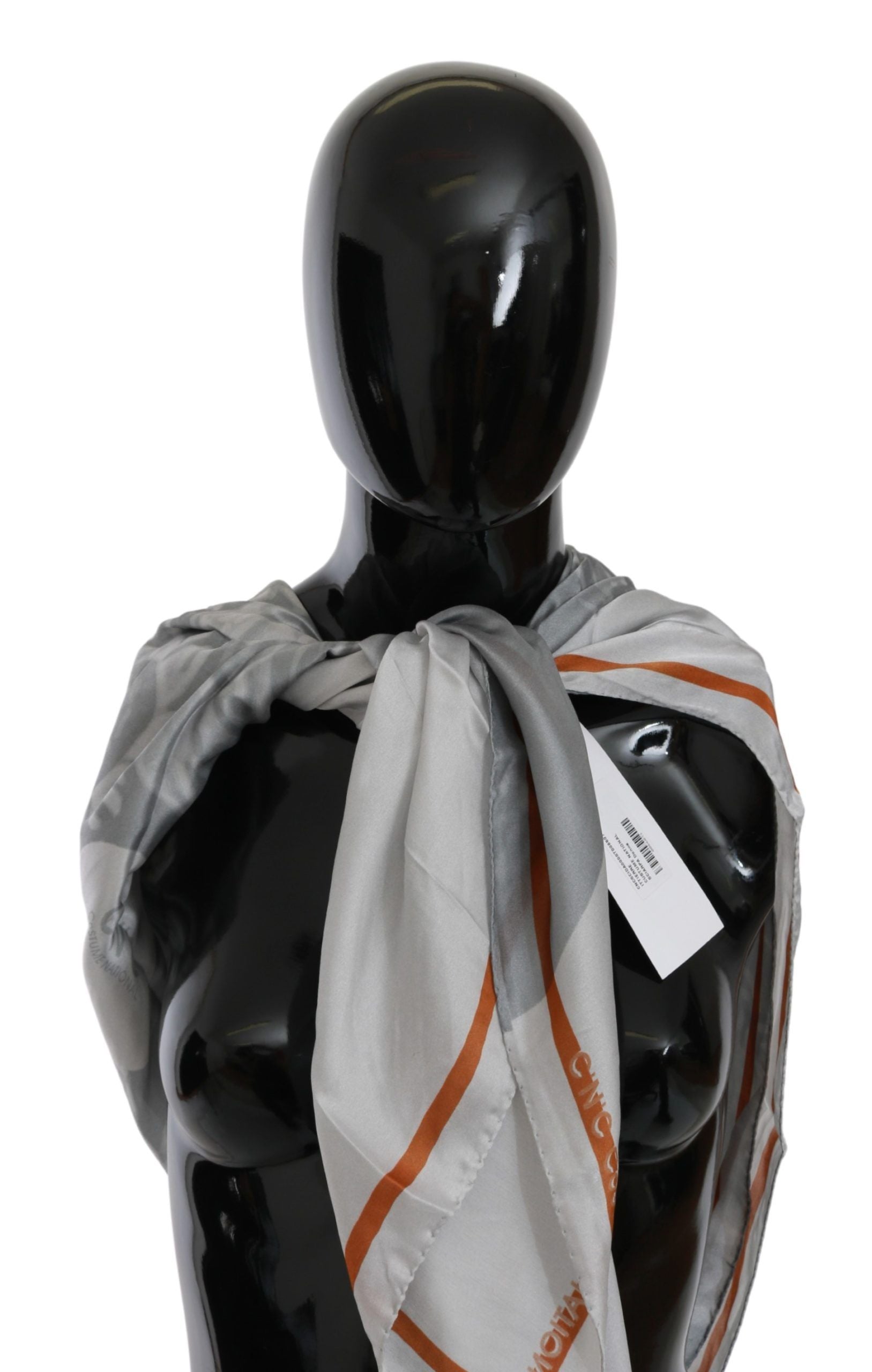 Grau Orange Seiden Foulard Wickelschal mit Blumenmuster