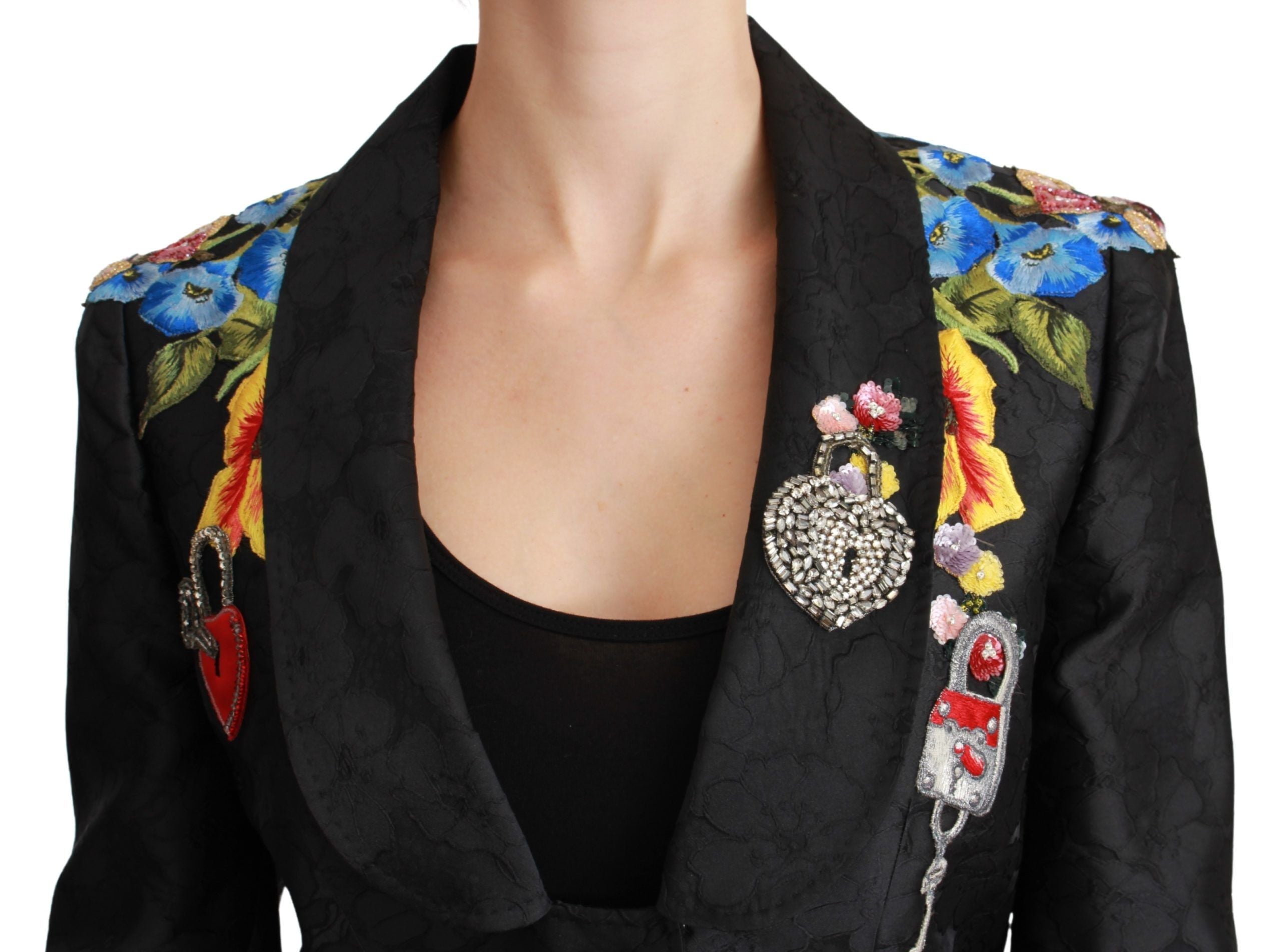 Schwarzer Brokat-Blazer mit Kristallen