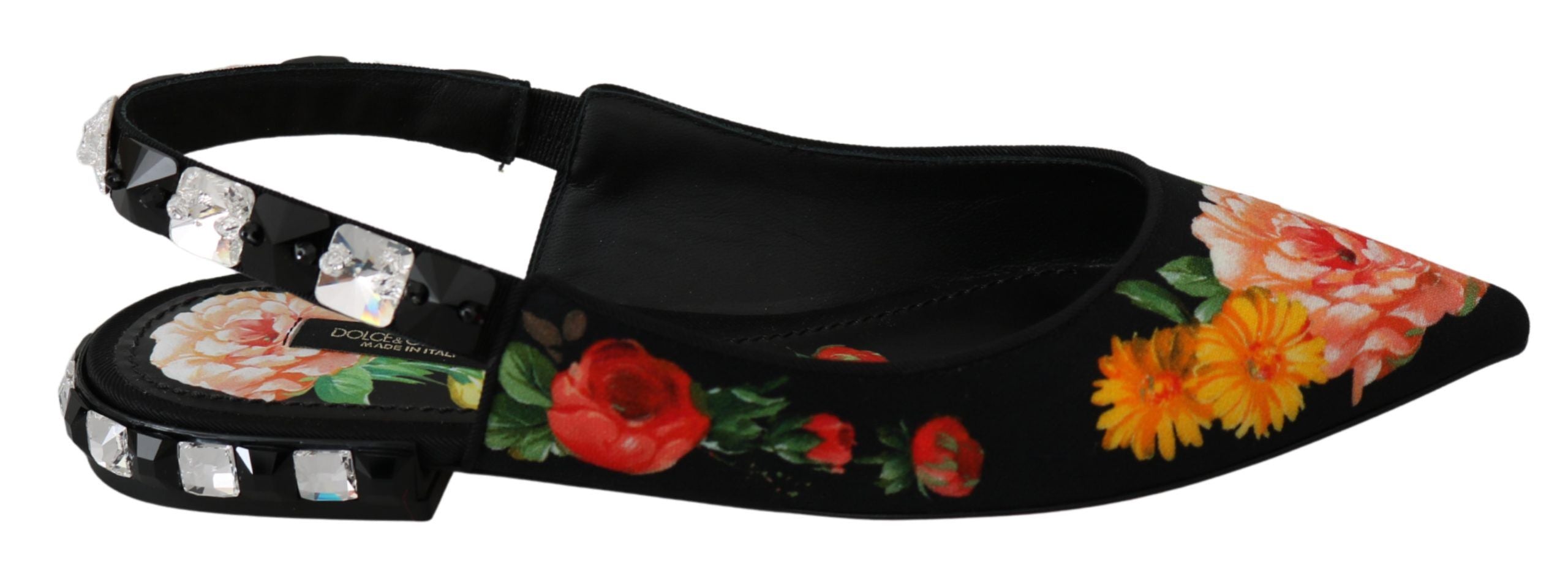 Schwarze Slingpumps mit Blumen und Kristallen