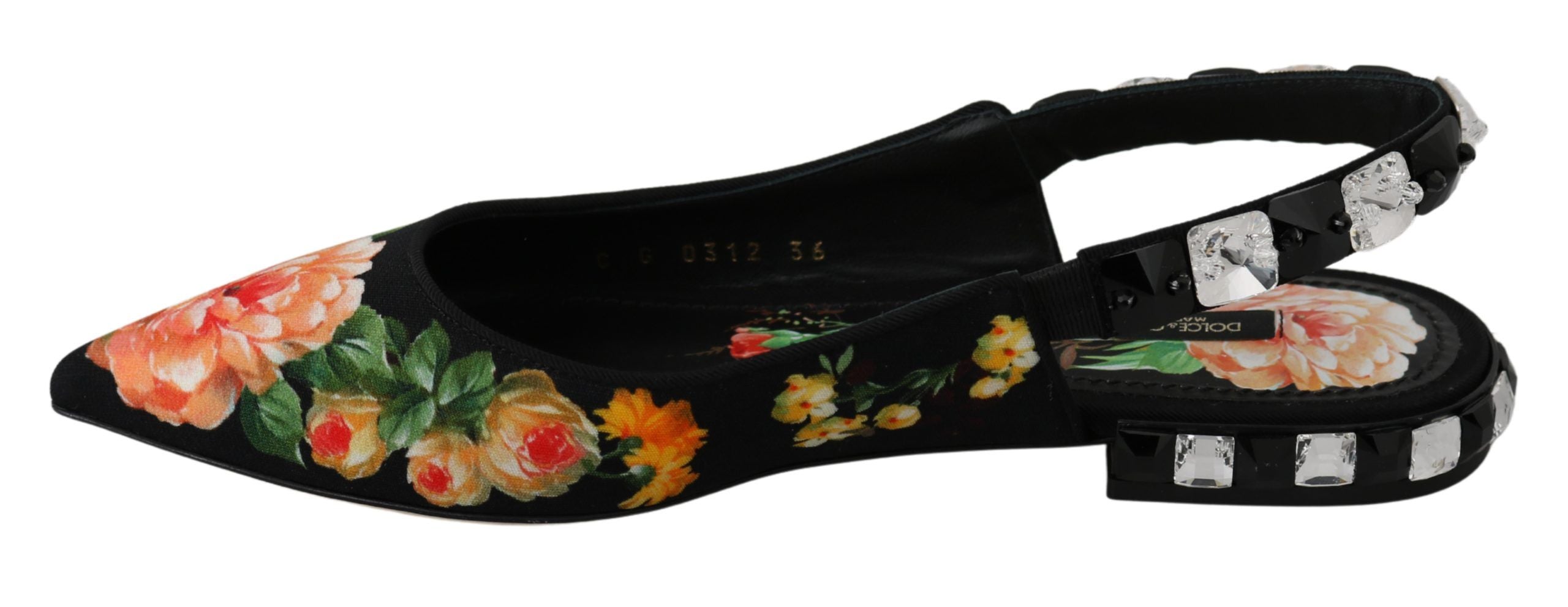 Schwarze Slingpumps mit Blumen und Kristallen