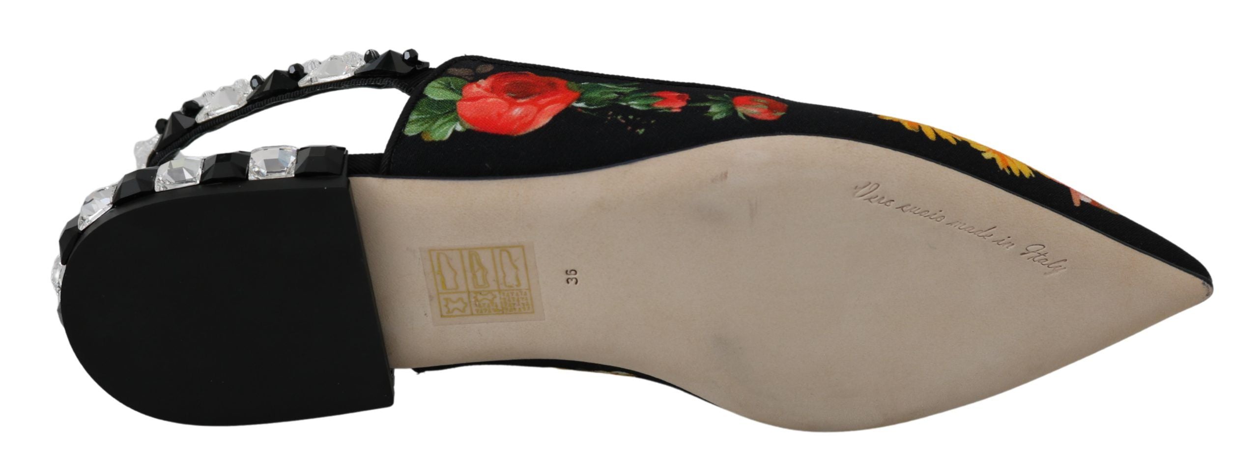 Schwarze Slingpumps mit Blumen und Kristallen