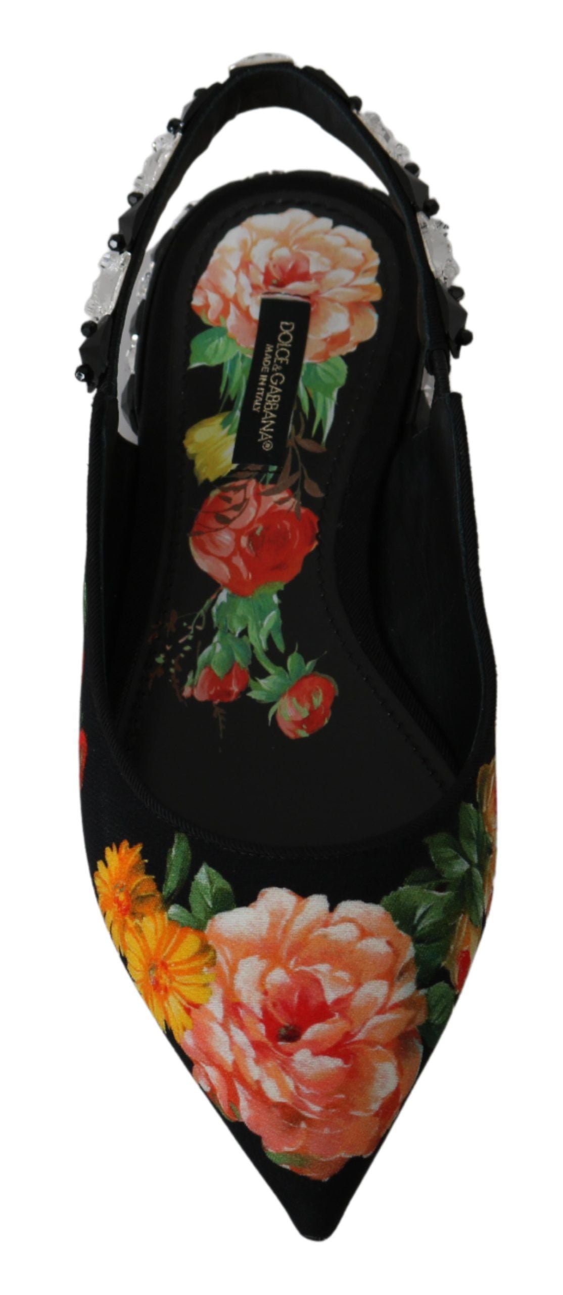 Schwarze Slingpumps mit Blumen und Kristallen