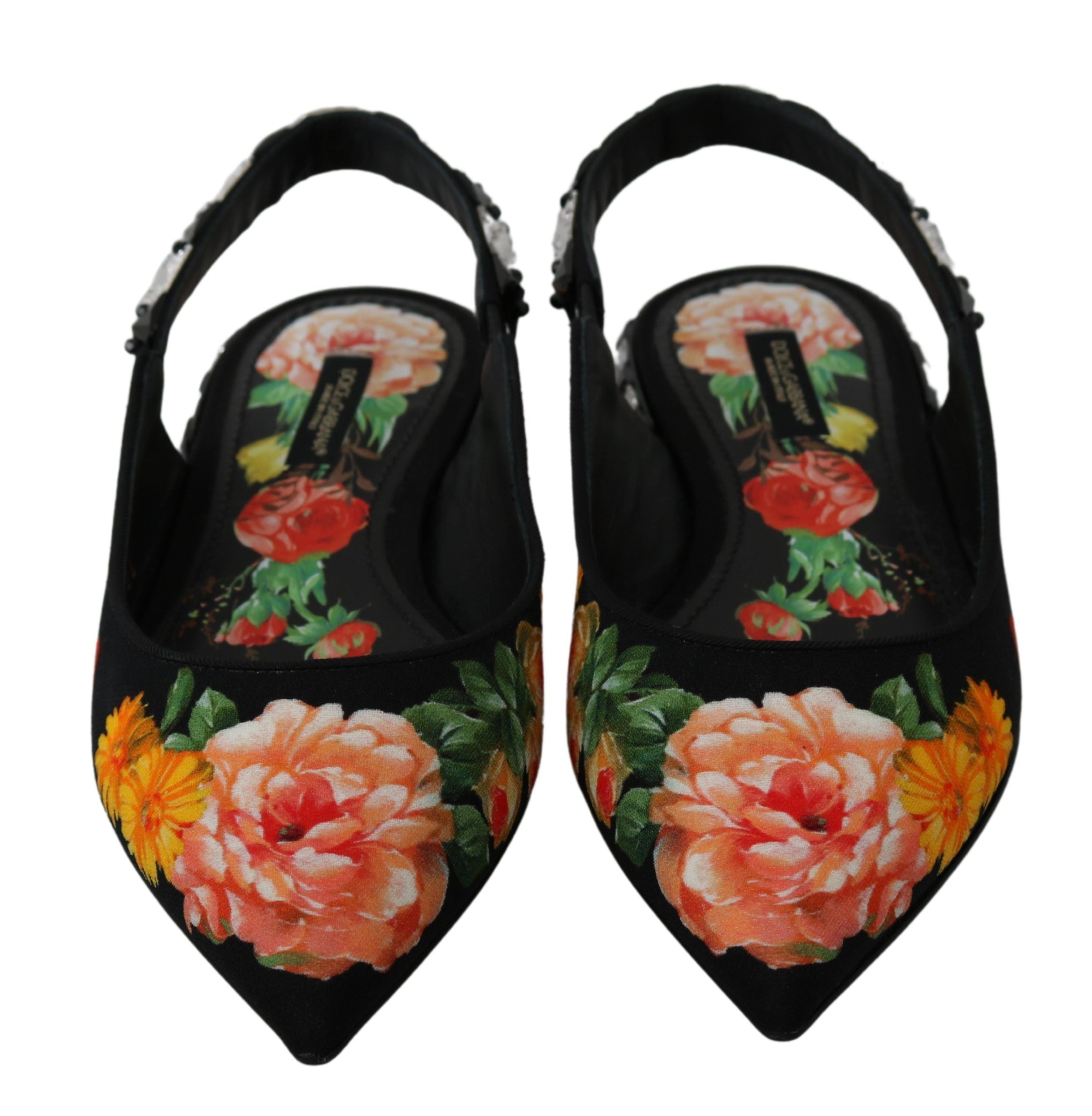 Schwarze Slingpumps mit Blumen und Kristallen