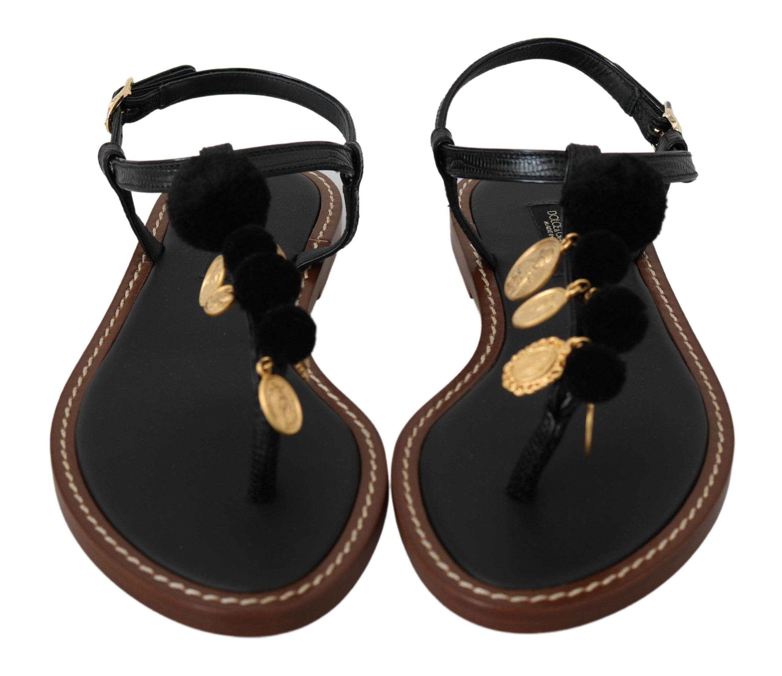 Schwarze Leder-Münzen-Flip-Flops-Sandalen-Schuhe
