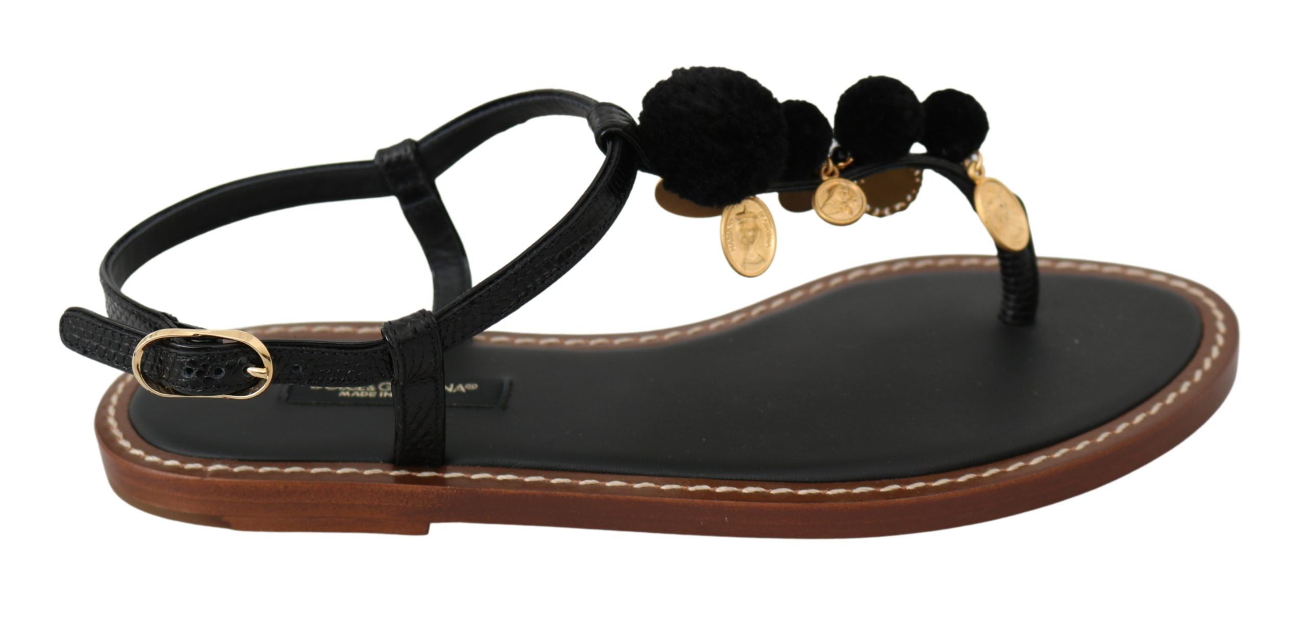 Schwarze Leder-Münzen-Flip-Flops-Sandalen-Schuhe