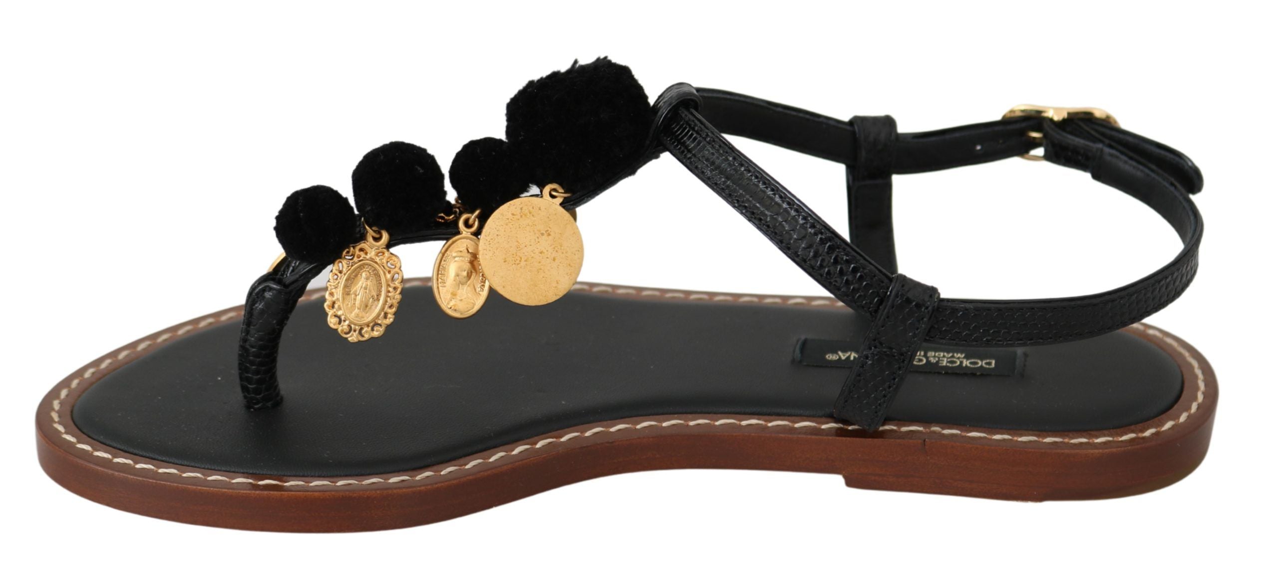 Schwarze Leder-Münzen-Flip-Flops-Sandalen-Schuhe