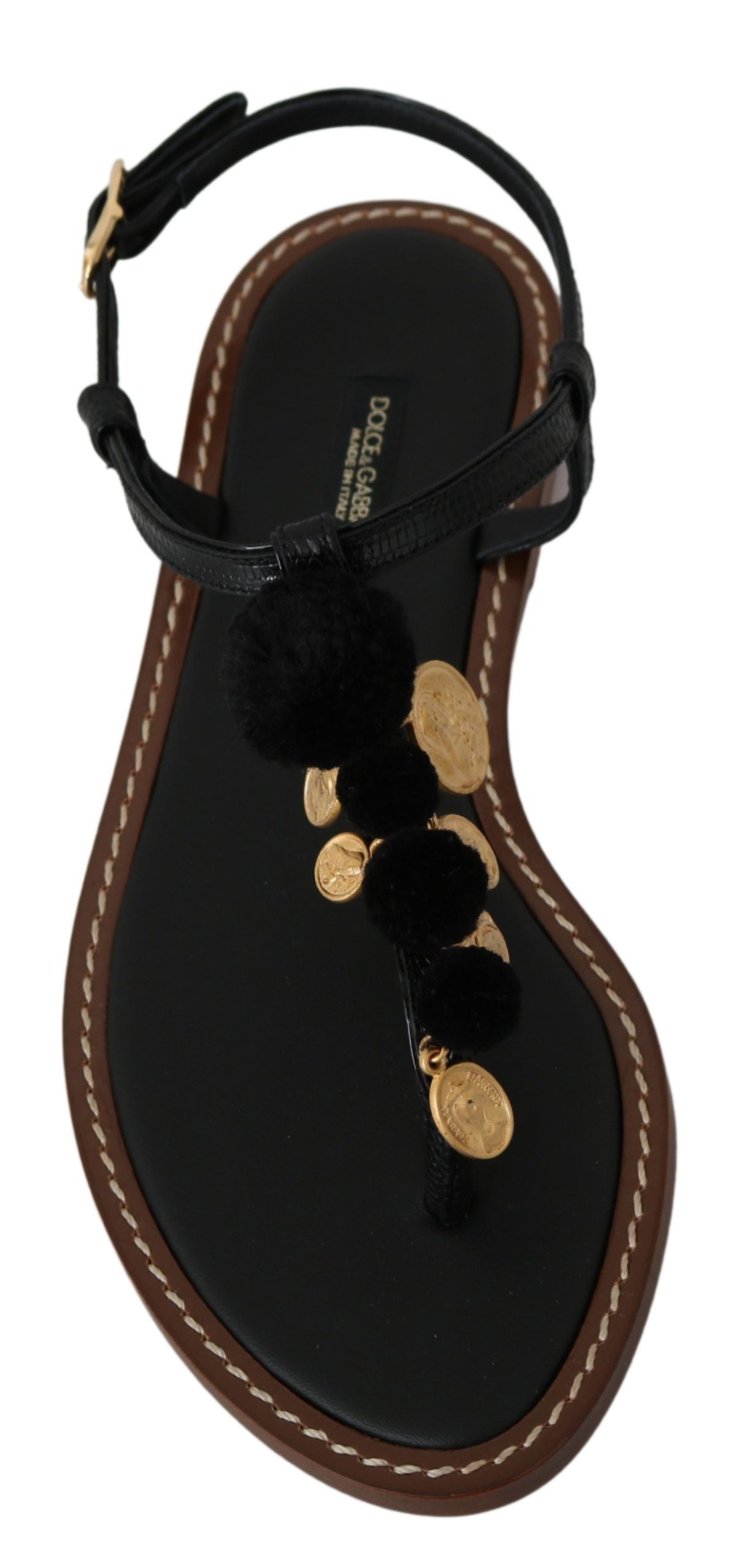 Schwarze Leder-Münzen-Flip-Flops-Sandalen-Schuhe