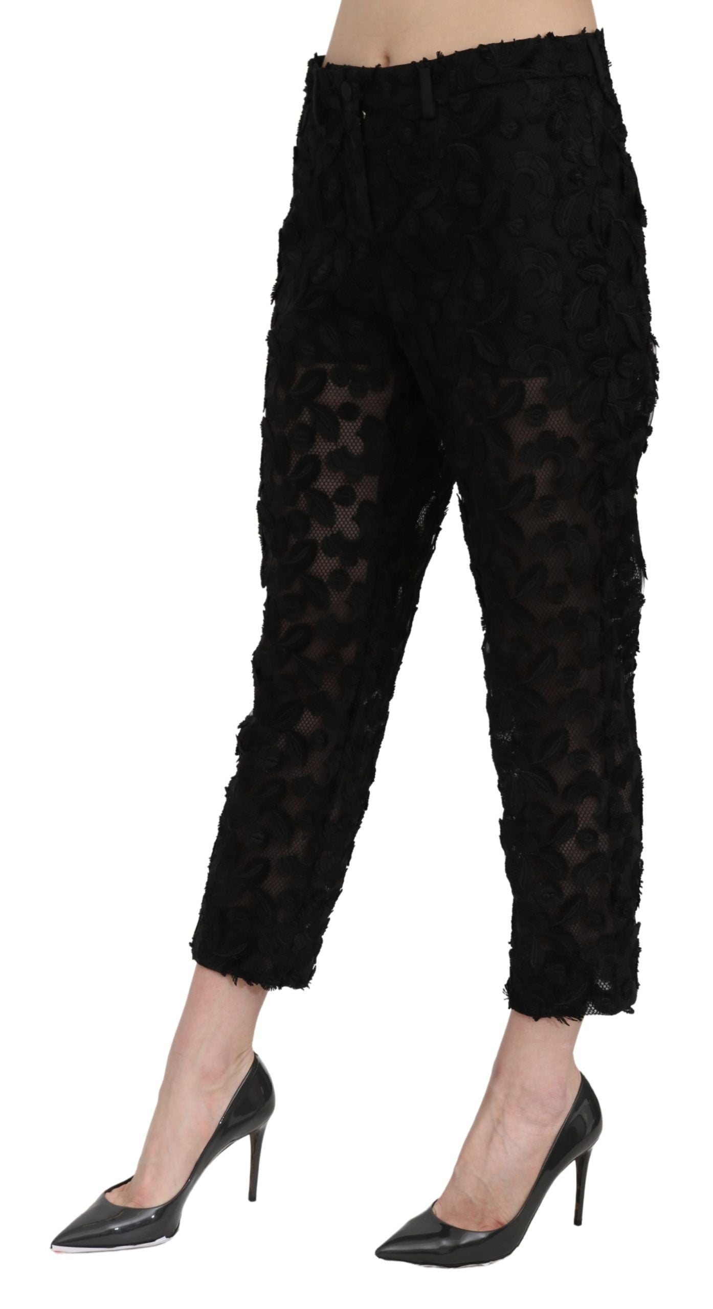 Schwarze Hose mit geradem Schnitt, Spitze, verkürzt, hoher Bund