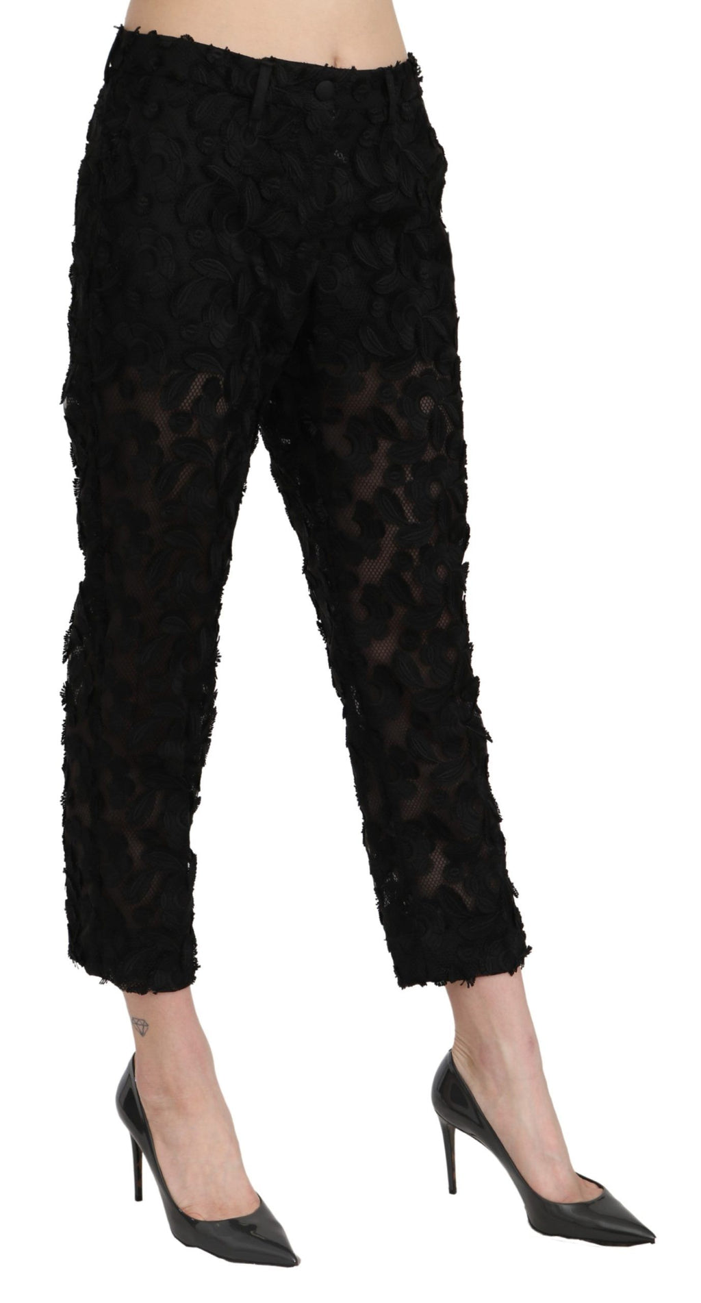 Schwarze Hose mit geradem Schnitt, Spitze, verkürzt, hoher Bund