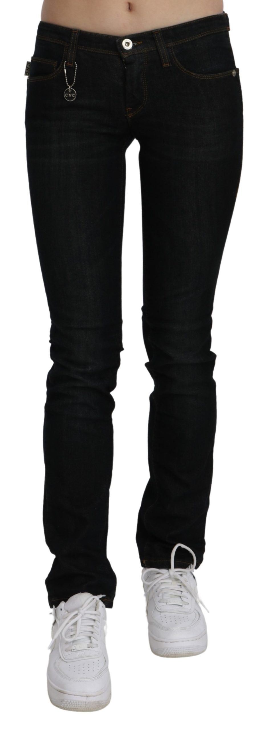 Schwarze Mid-Waist Skinny Jeans aus Baumwoll-Denim
