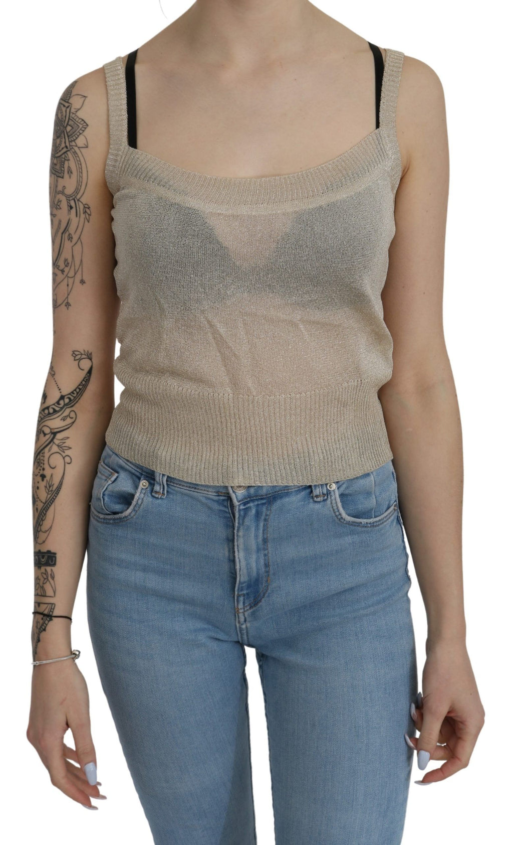 Beige ärmelloses Spaghetti-Träger-Tanktop, durchsichtiges Oberteil