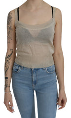 Beige ärmelloses Spaghetti-Träger-Tanktop, durchsichtiges Oberteil
