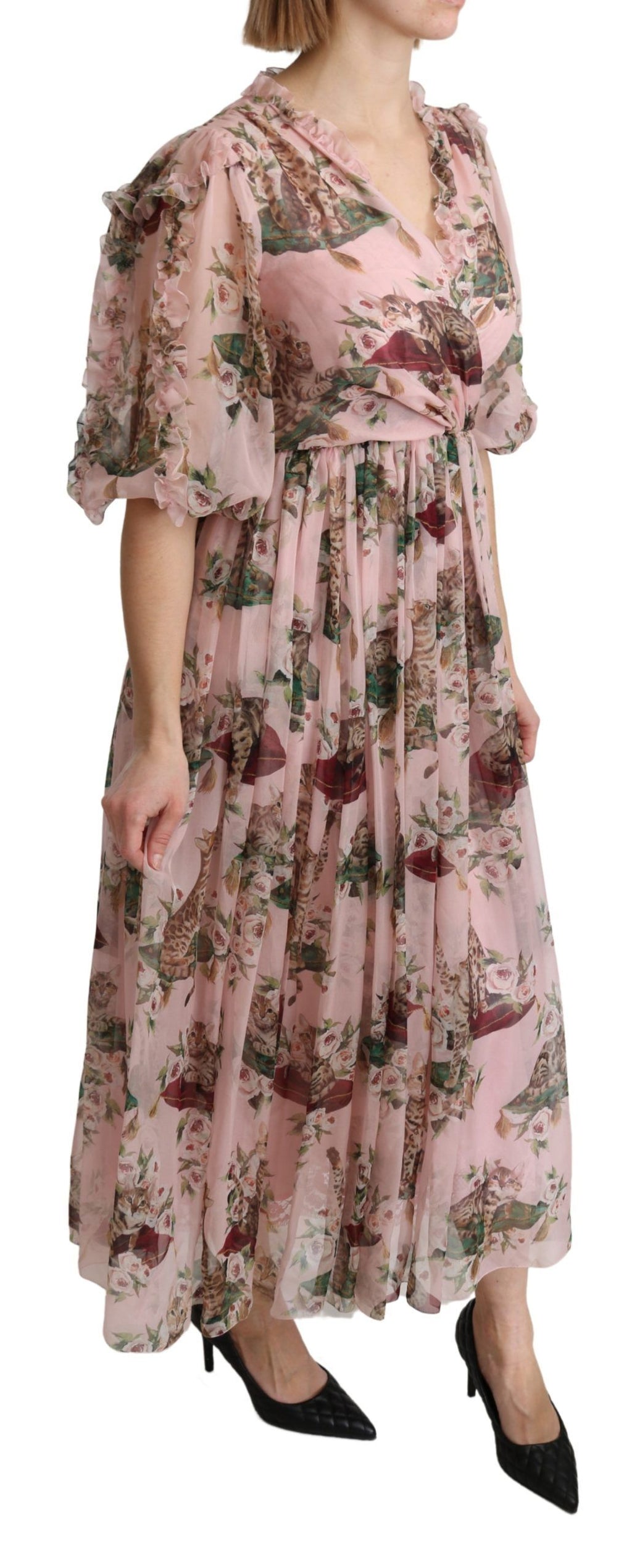 Pink Bengal Cat Print A-Linien Maxikleid aus Seide