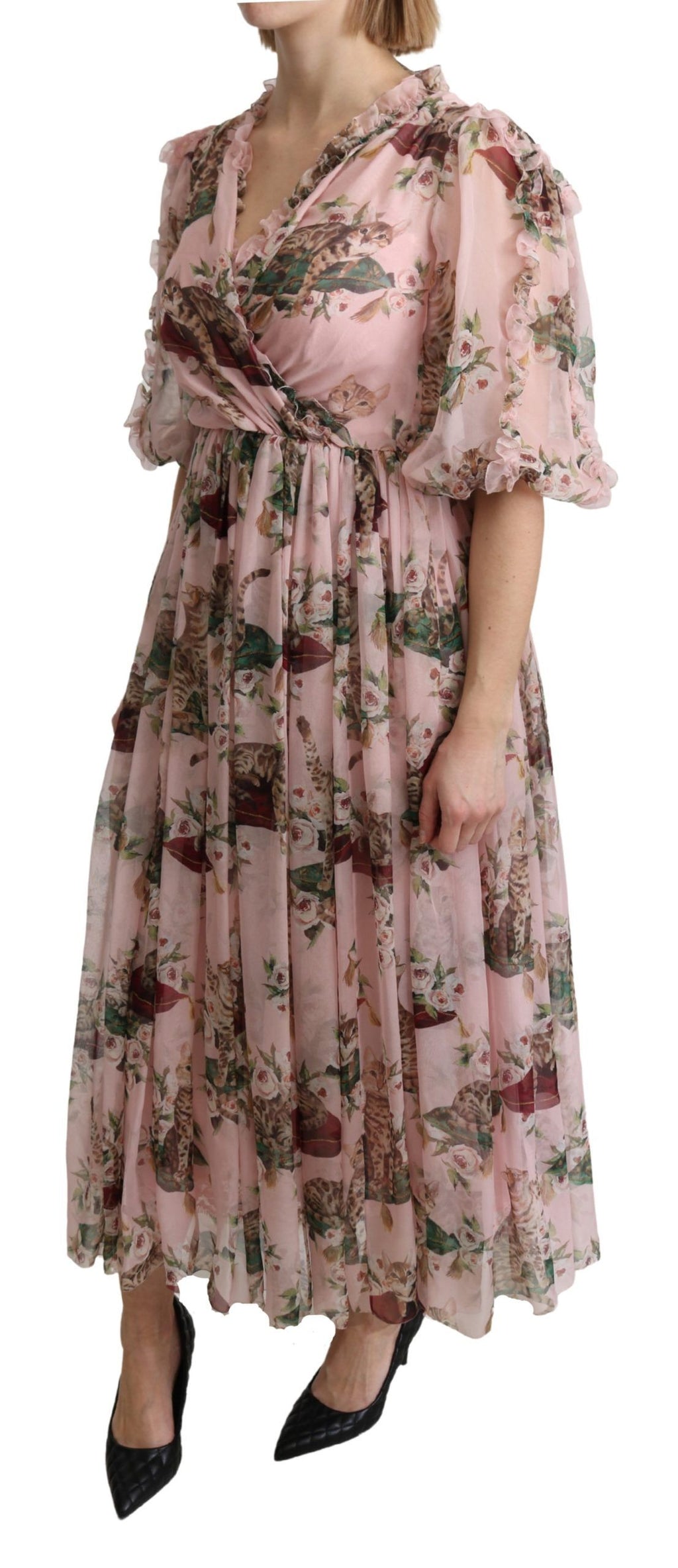 Pink Bengal Cat Print A-Linien Maxikleid aus Seide