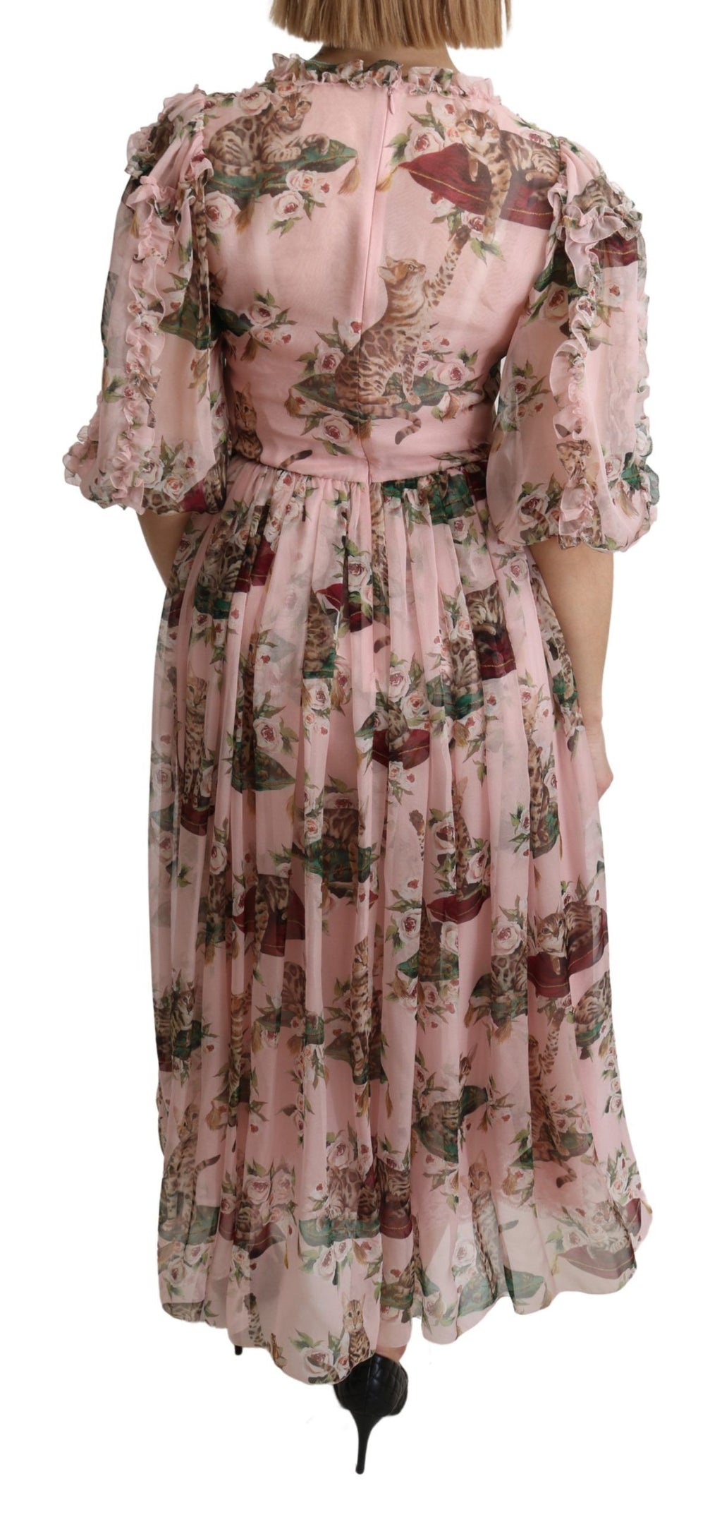 Pink Bengal Cat Print A-Linien Maxikleid aus Seide