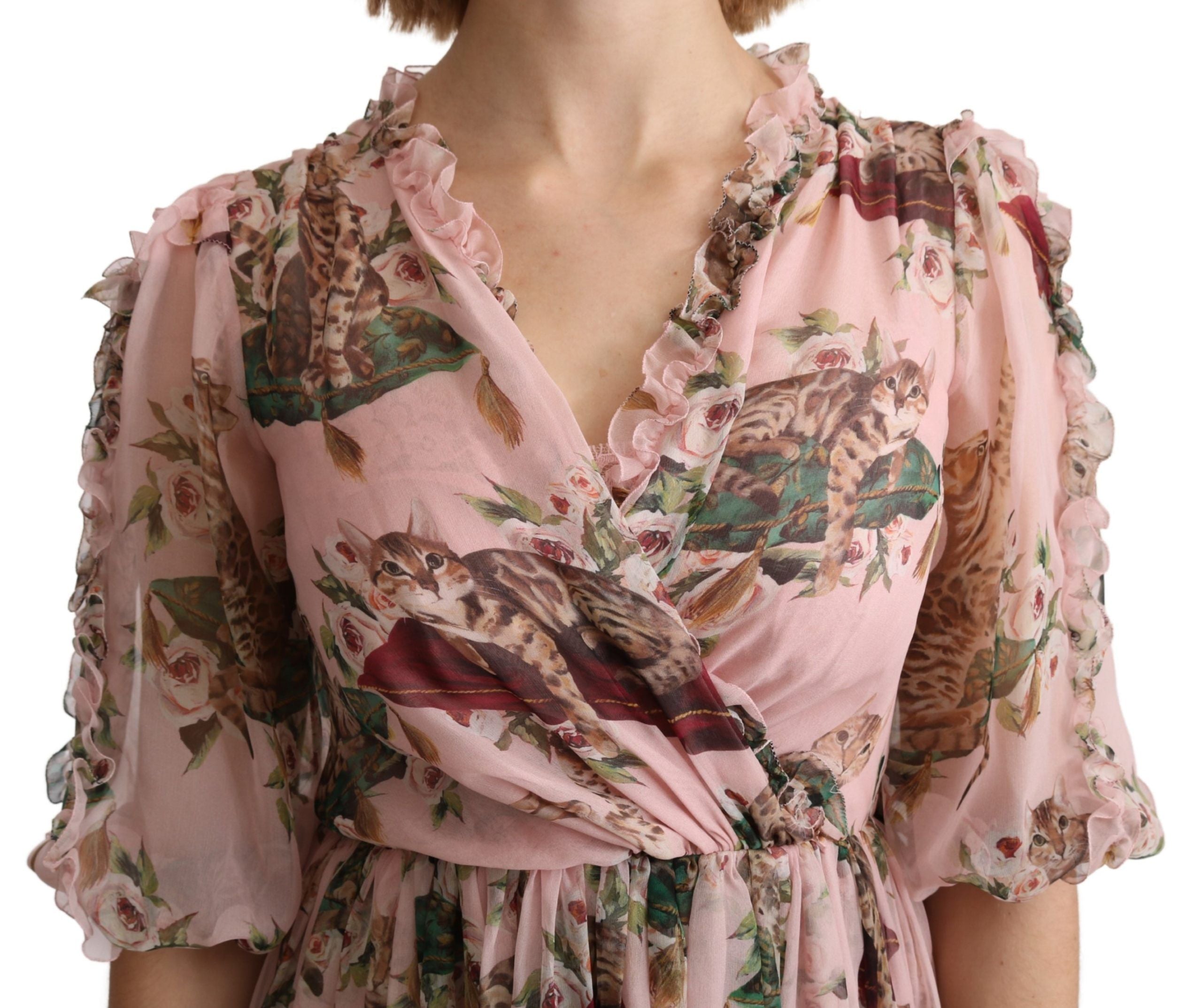 Pink Bengal Cat Print A-Linien Maxikleid aus Seide