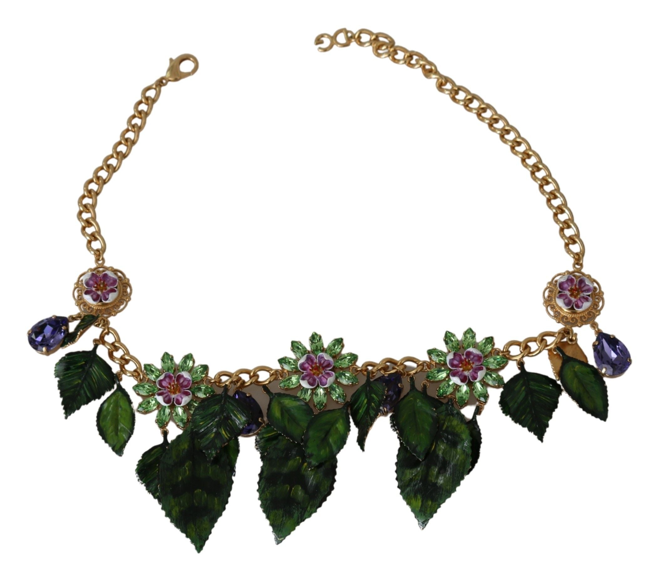 Halskette mit Anhänger Grüne Blätter, goldfarbenes Messing, Kristallblume