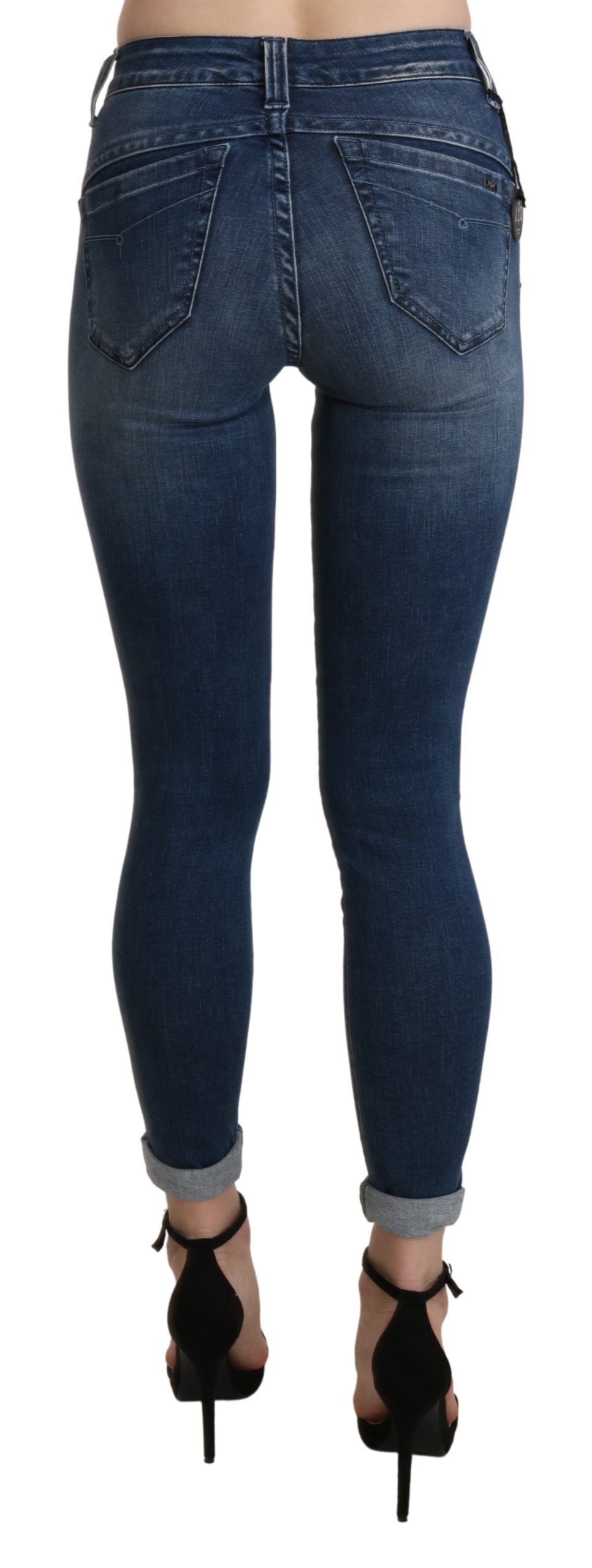 Blue Washed High Waist Skinny Cropped Cotton Jeans