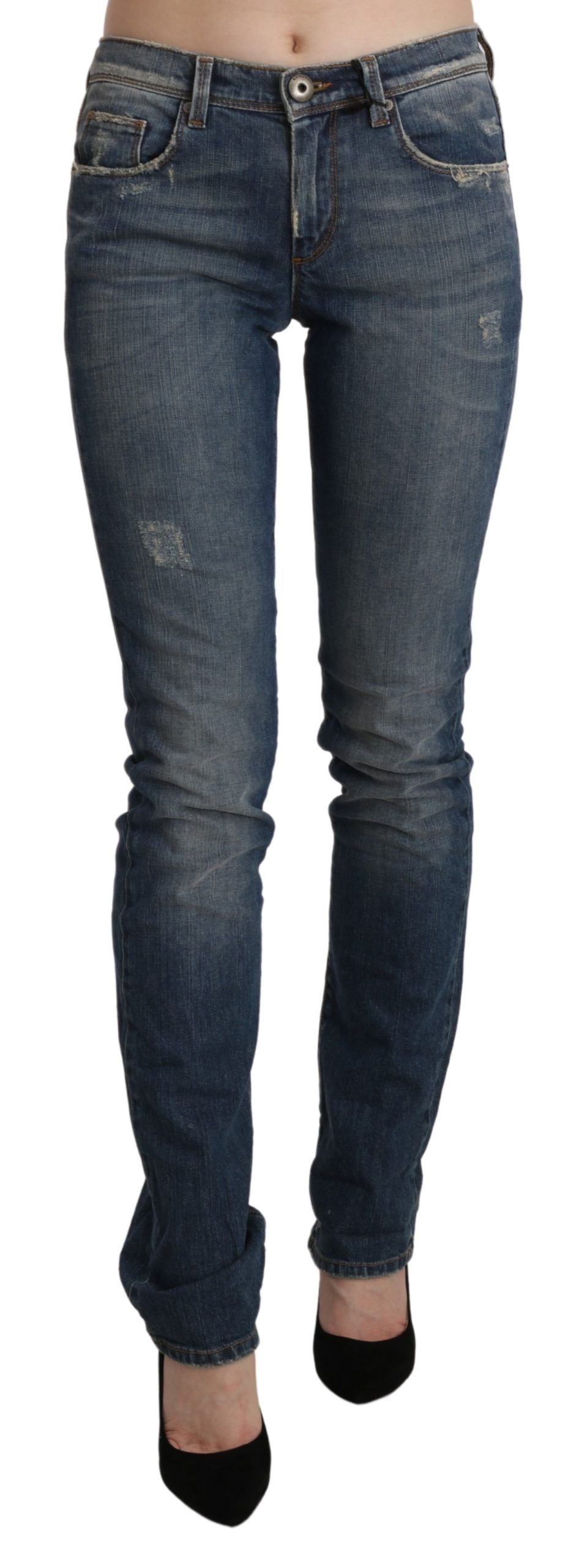 Blaue gewaschene Skinny-Jeans mit mittlerer Bundhöhe