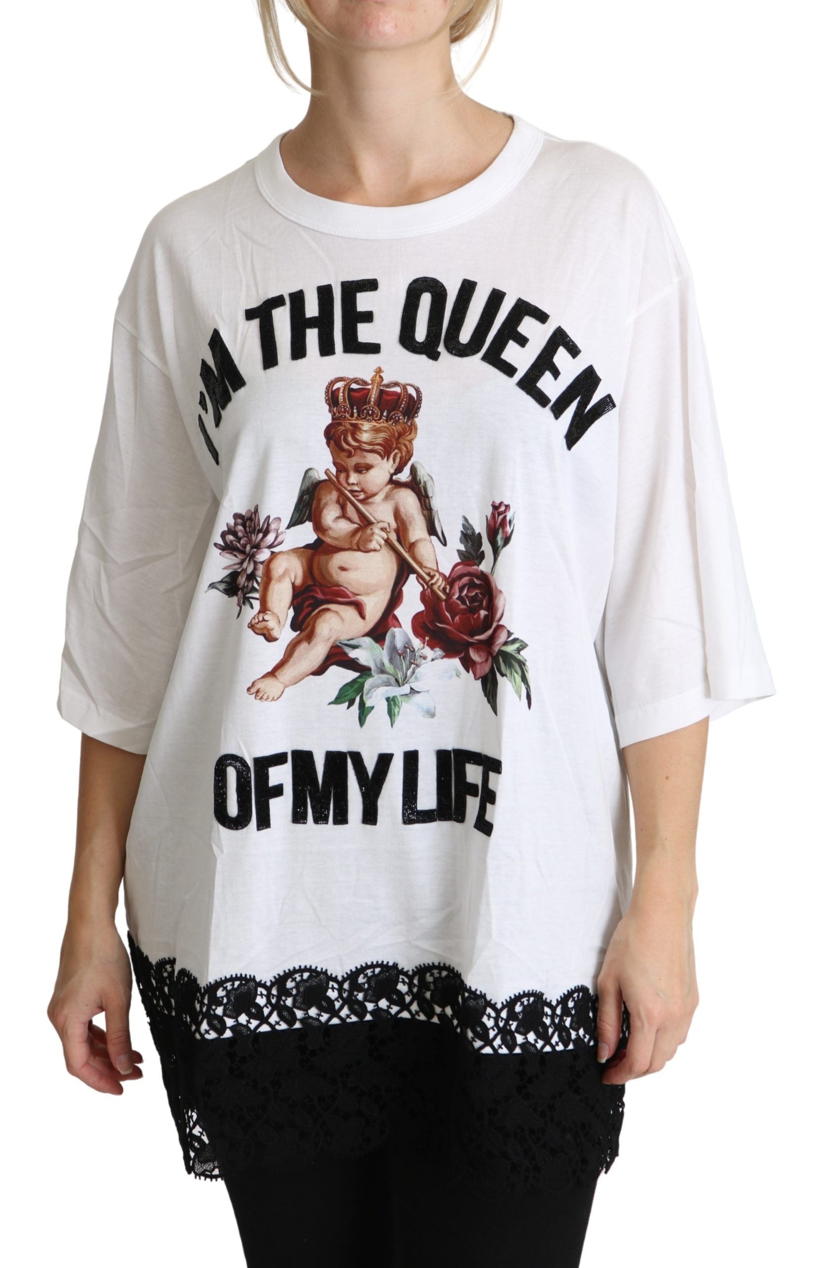 White Angel Print Baumwoll Rundhals-Shirt Tops