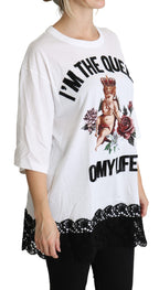 White Angel Print Baumwoll Rundhals-Shirt Tops