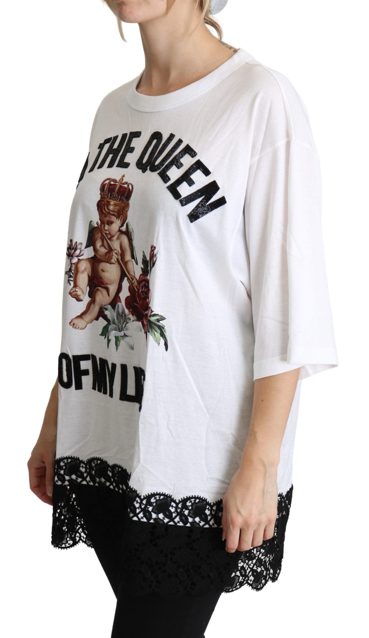 White Angel Print Baumwoll Rundhals-Shirt Tops