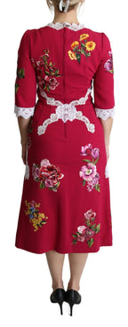 Rotes besticktes Etuikleid mit Blumenmuster, Midi